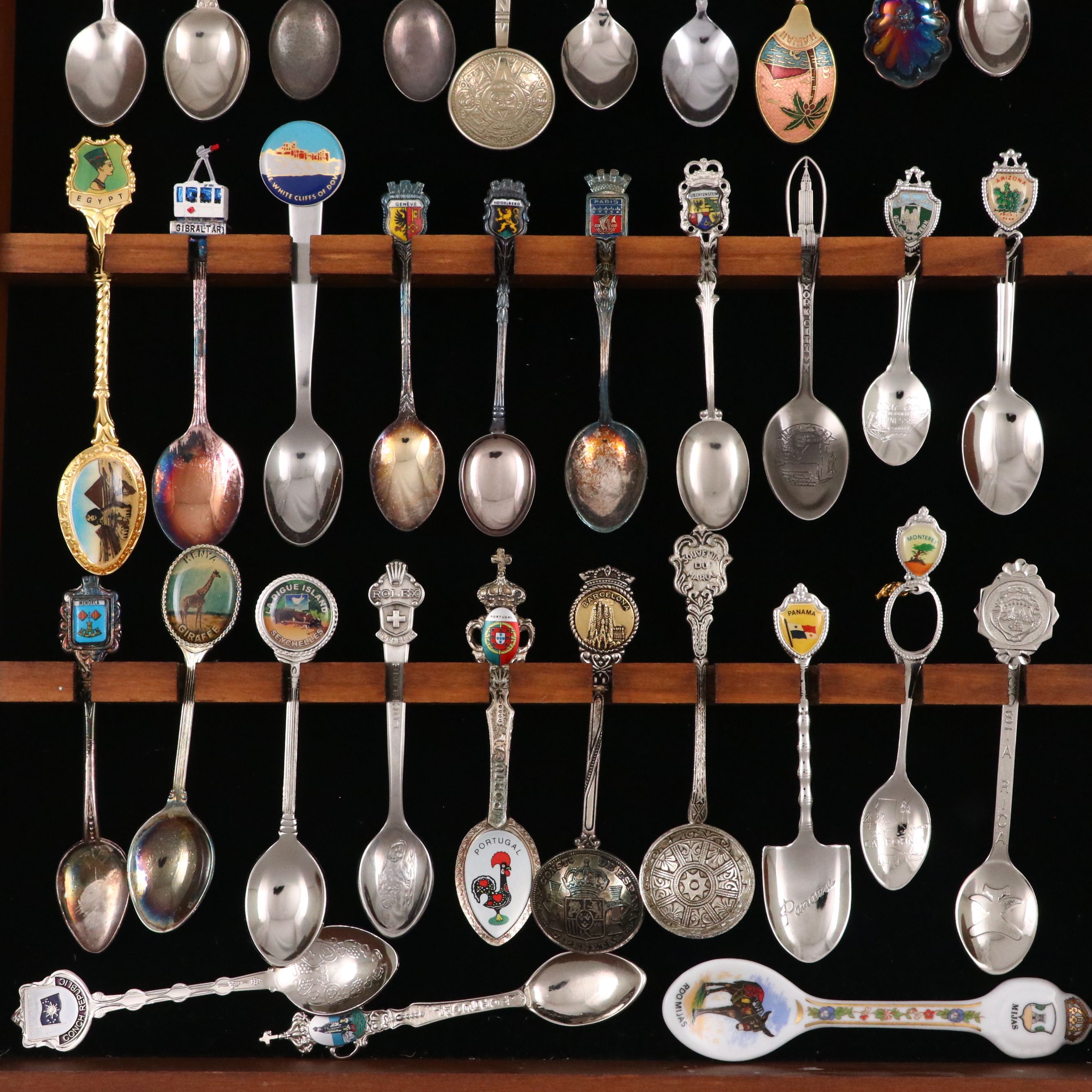Metal and Ceramic Souvenir Spoons with Wood Display Case