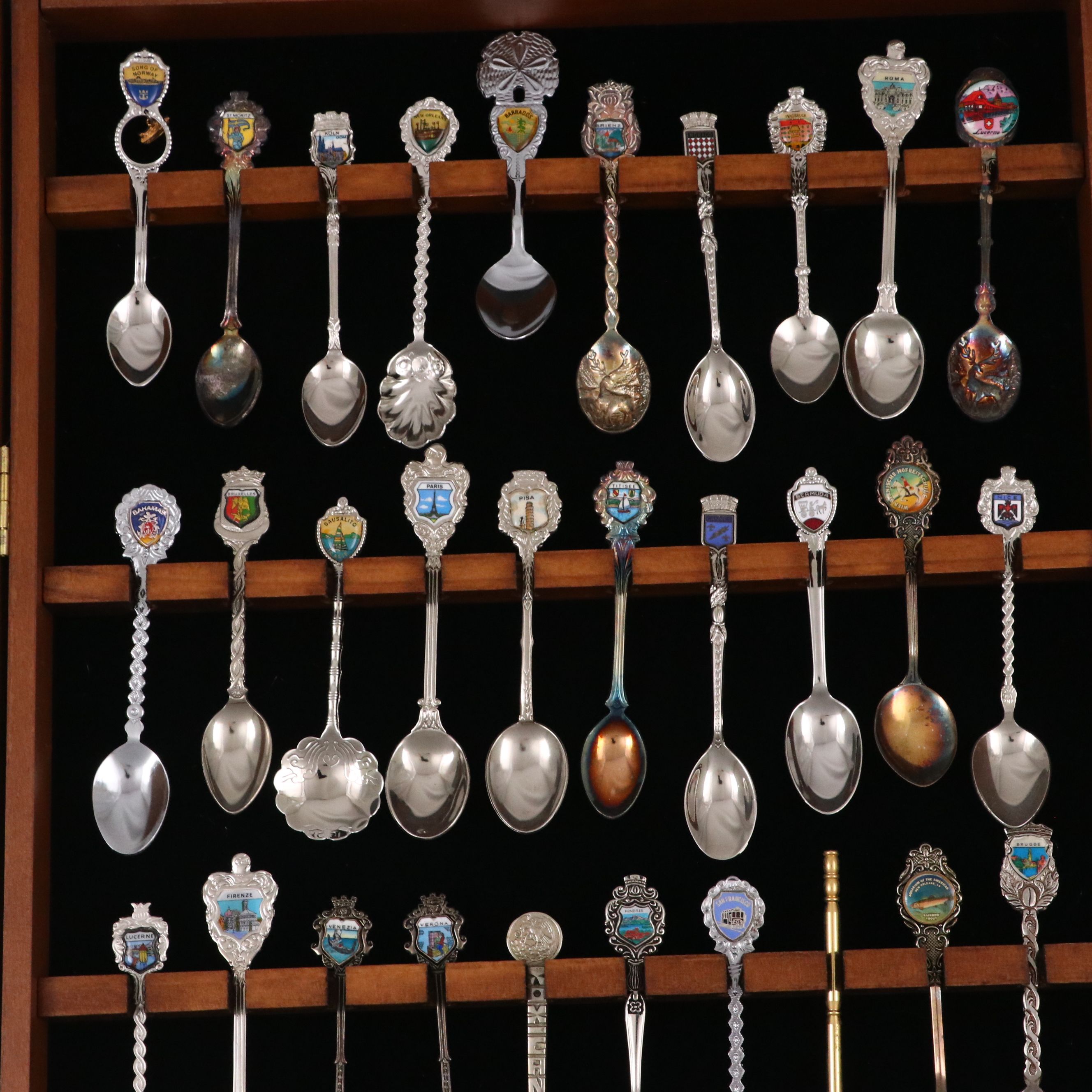 Metal and Ceramic Souvenir Spoons with Wood Display Case