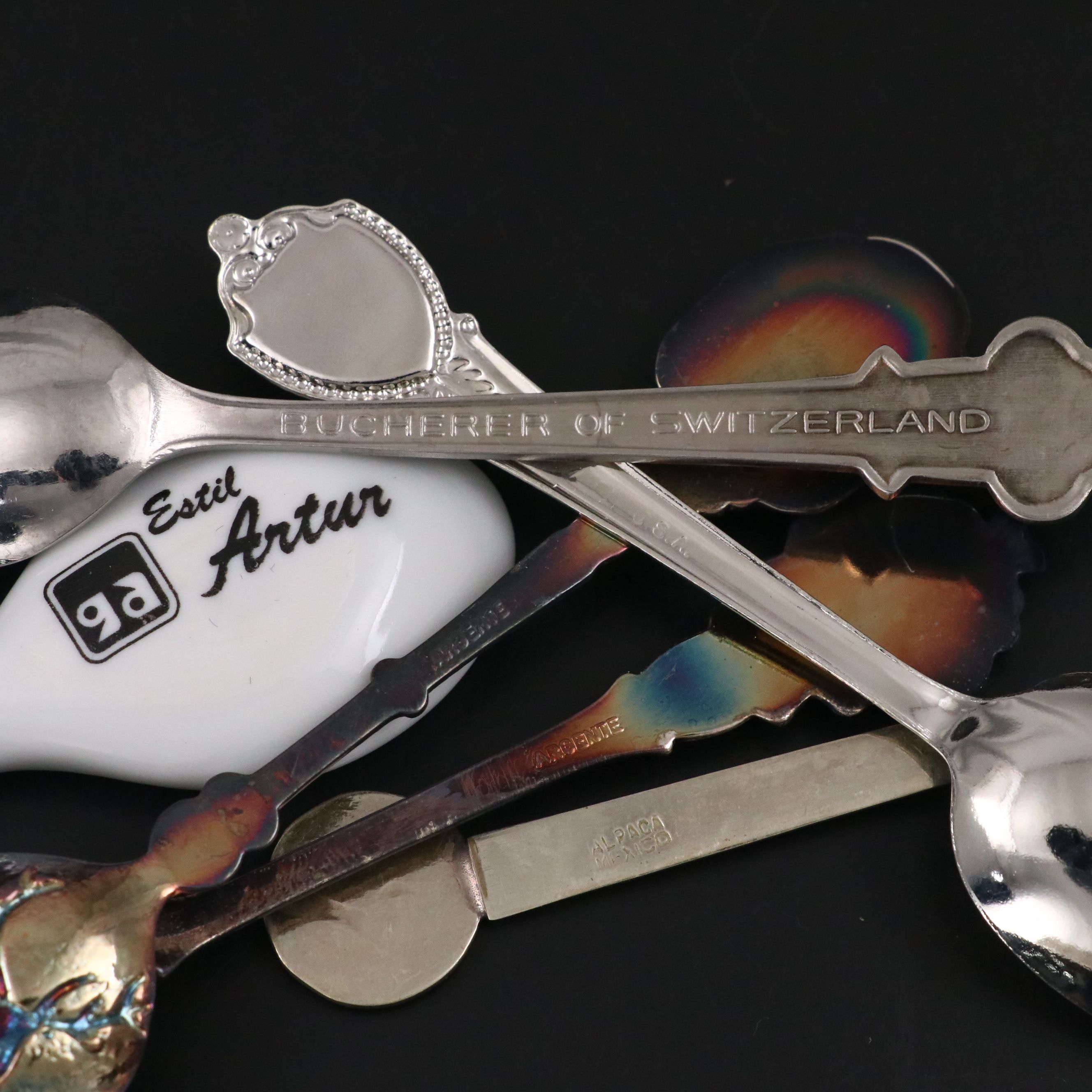 Metal and Ceramic Souvenir Spoons with Wood Display Case