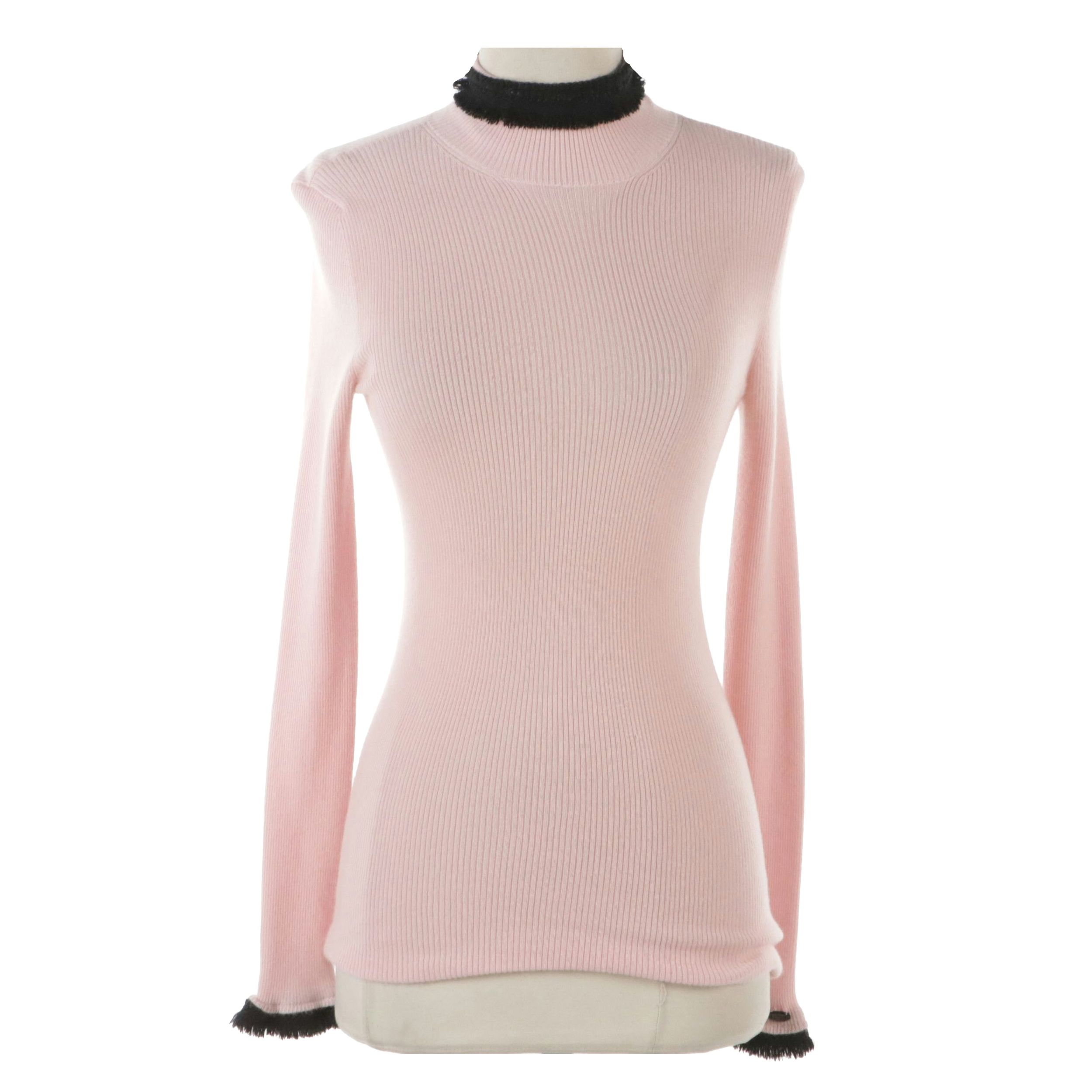 Chanel Pink Ribbed Knit Cashmere Blend Sweater with Black Trim
