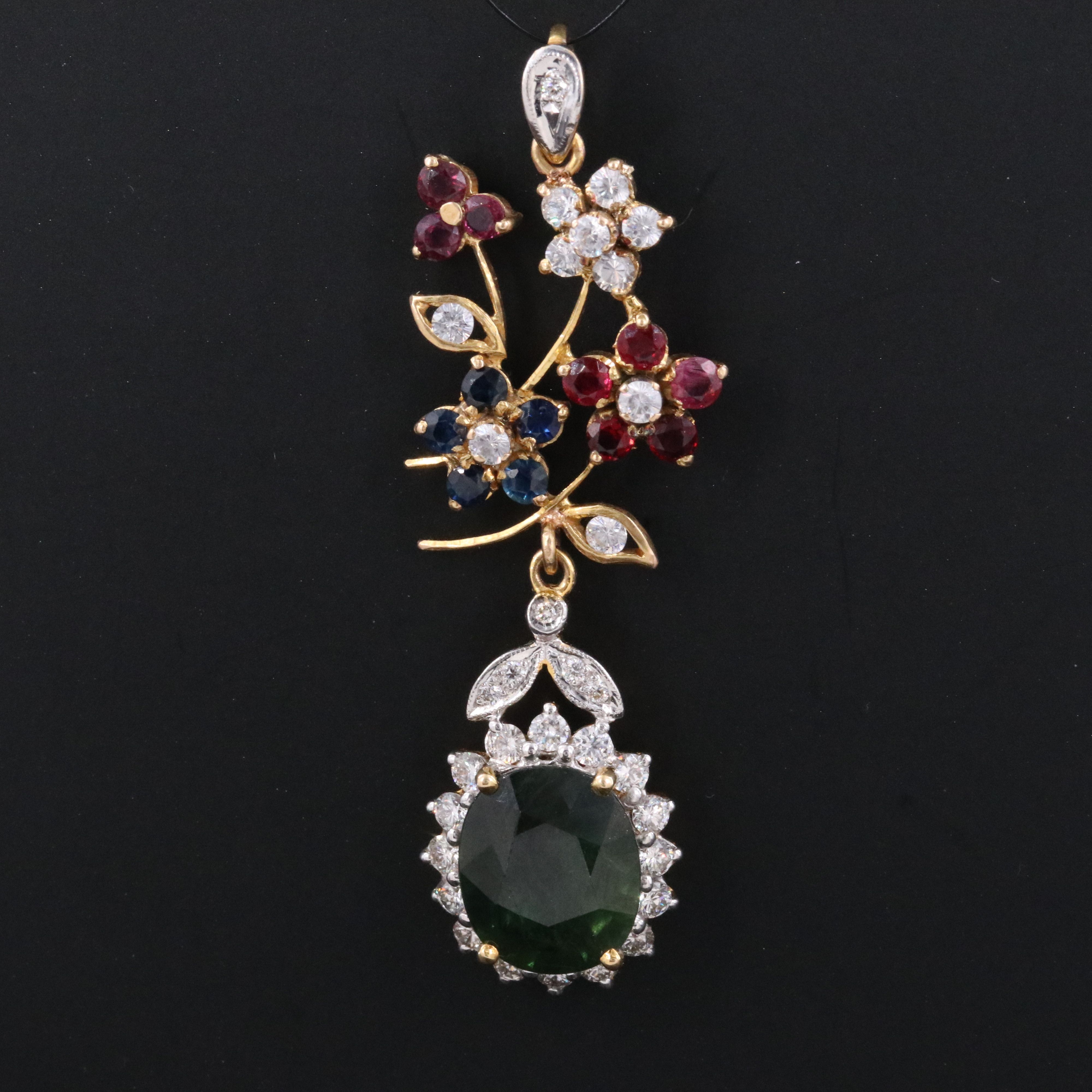 18K 7.08 CT Sapphire, Ruby, Sapphire, CZ, and Diamond Foliate Pendant
