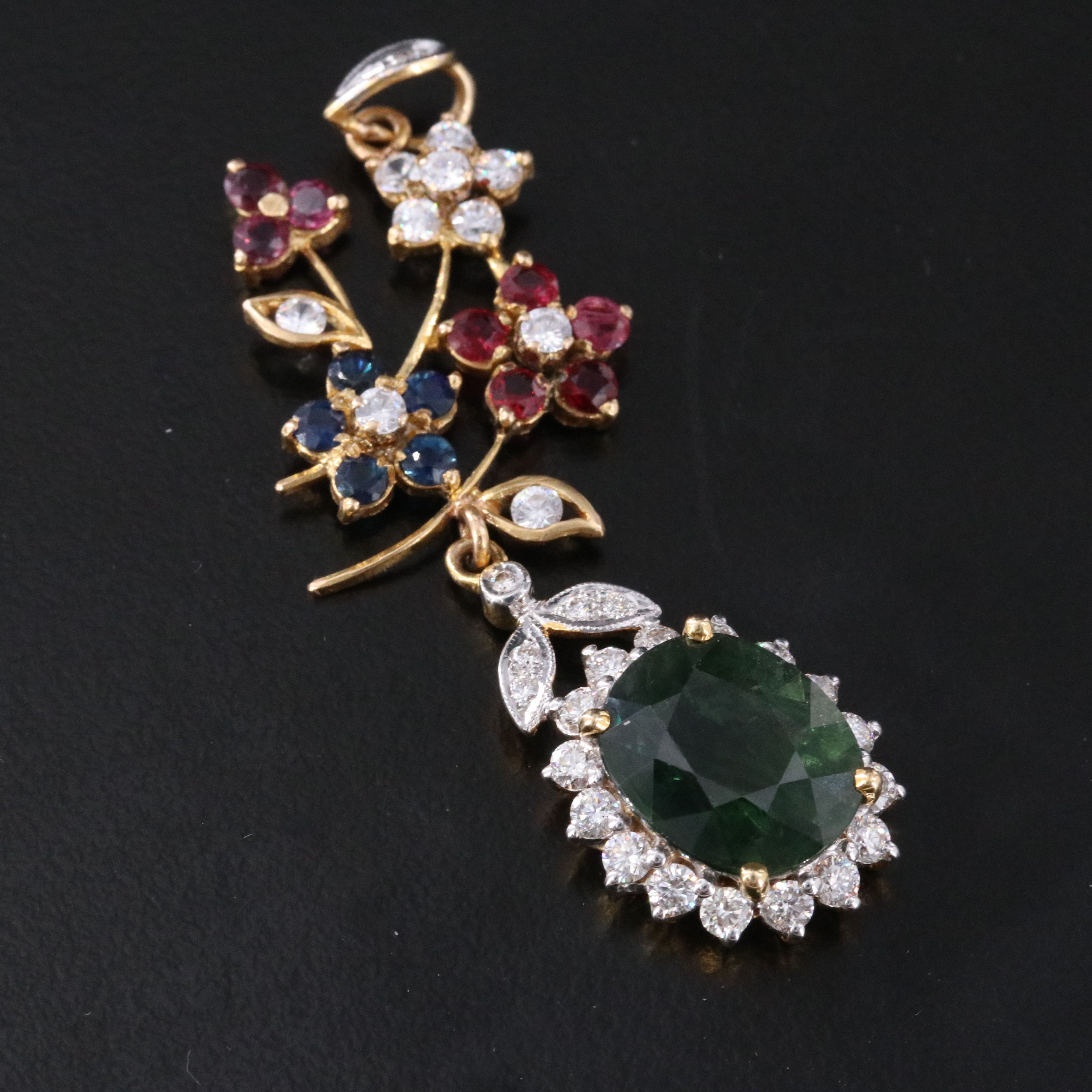 18K 7.08 CT Sapphire, Ruby, Sapphire, CZ, and Diamond Foliate Pendant