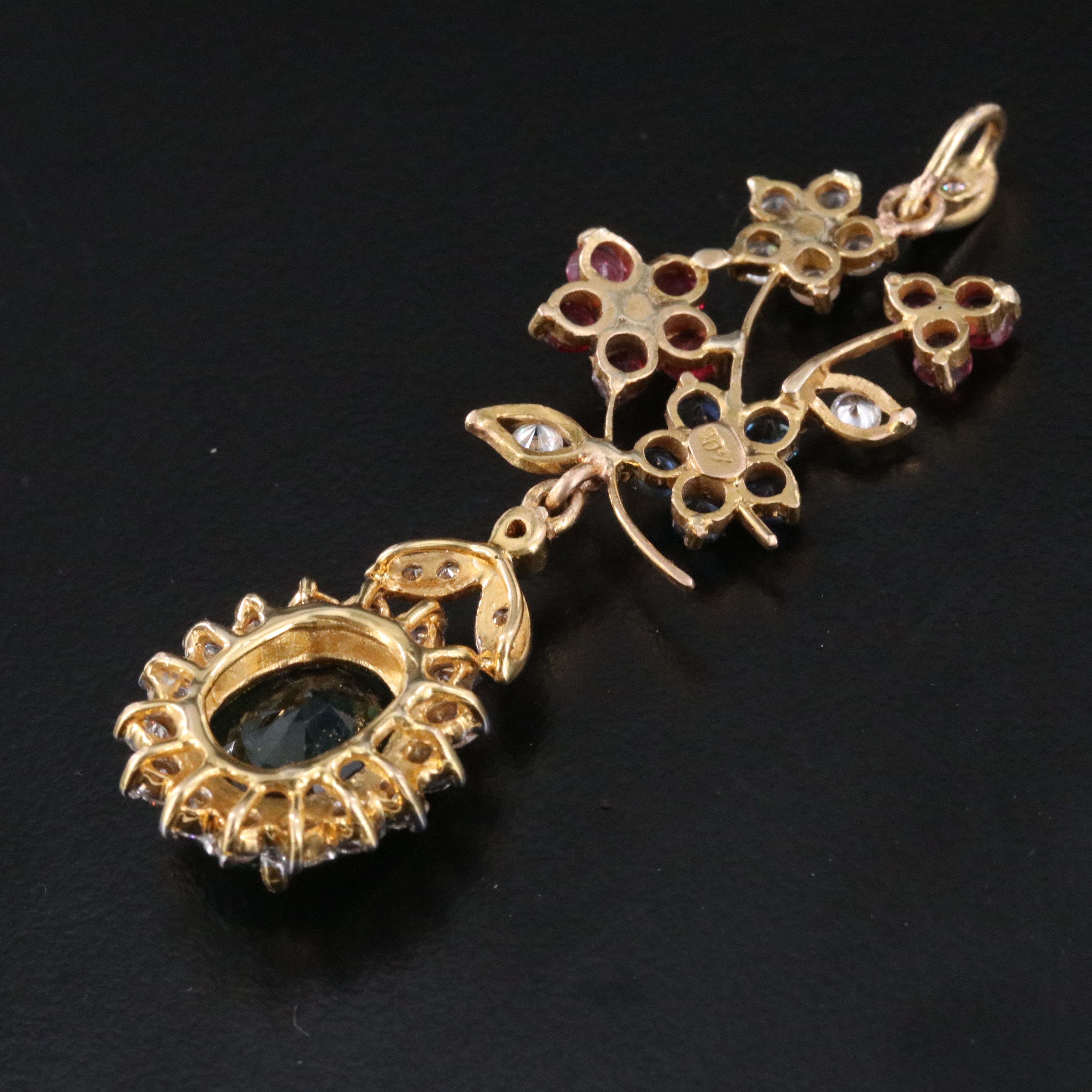 18K 7.08 CT Sapphire, Ruby, Sapphire, CZ, and Diamond Foliate Pendant