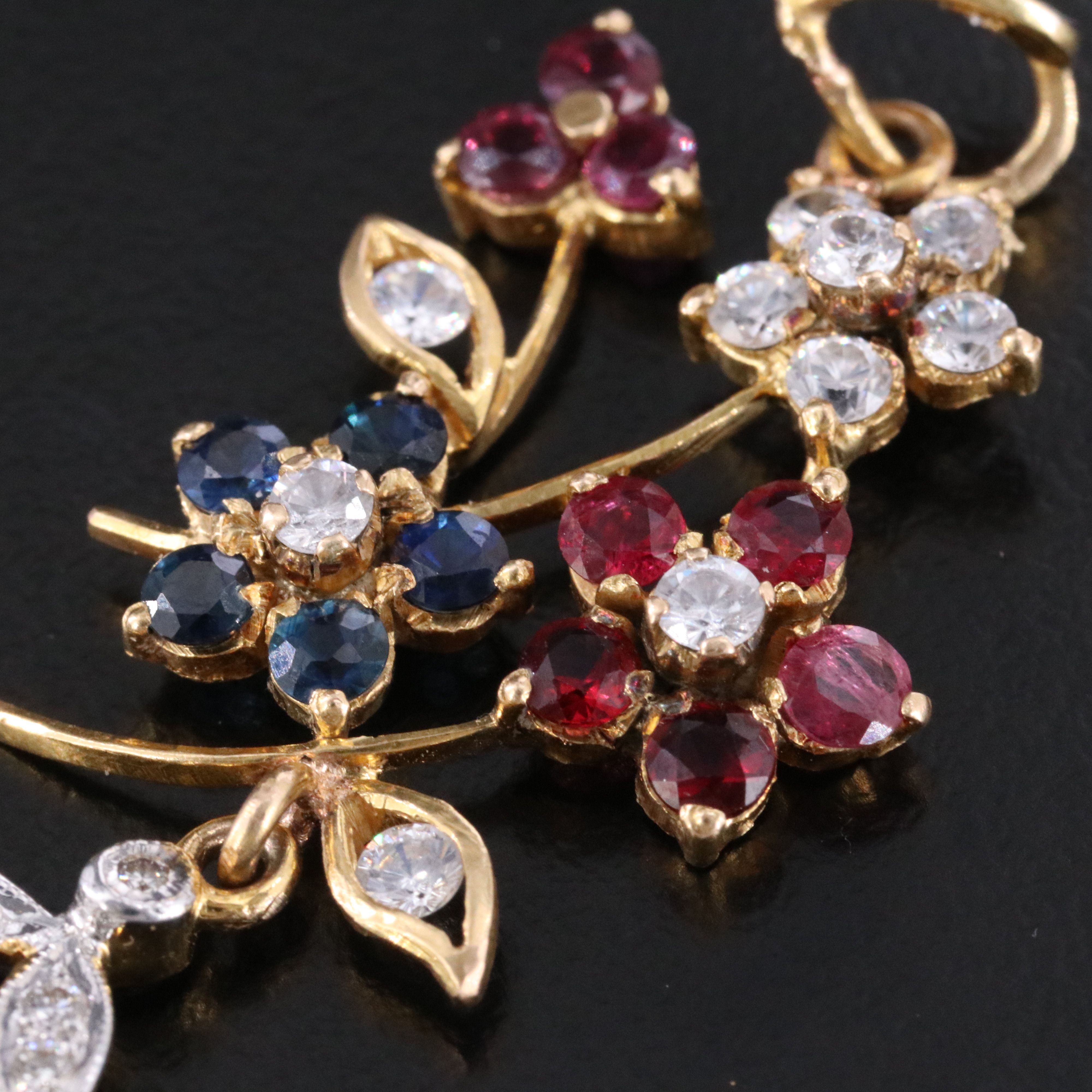 18K 7.08 CT Sapphire, Ruby, Sapphire, CZ, and Diamond Foliate Pendant