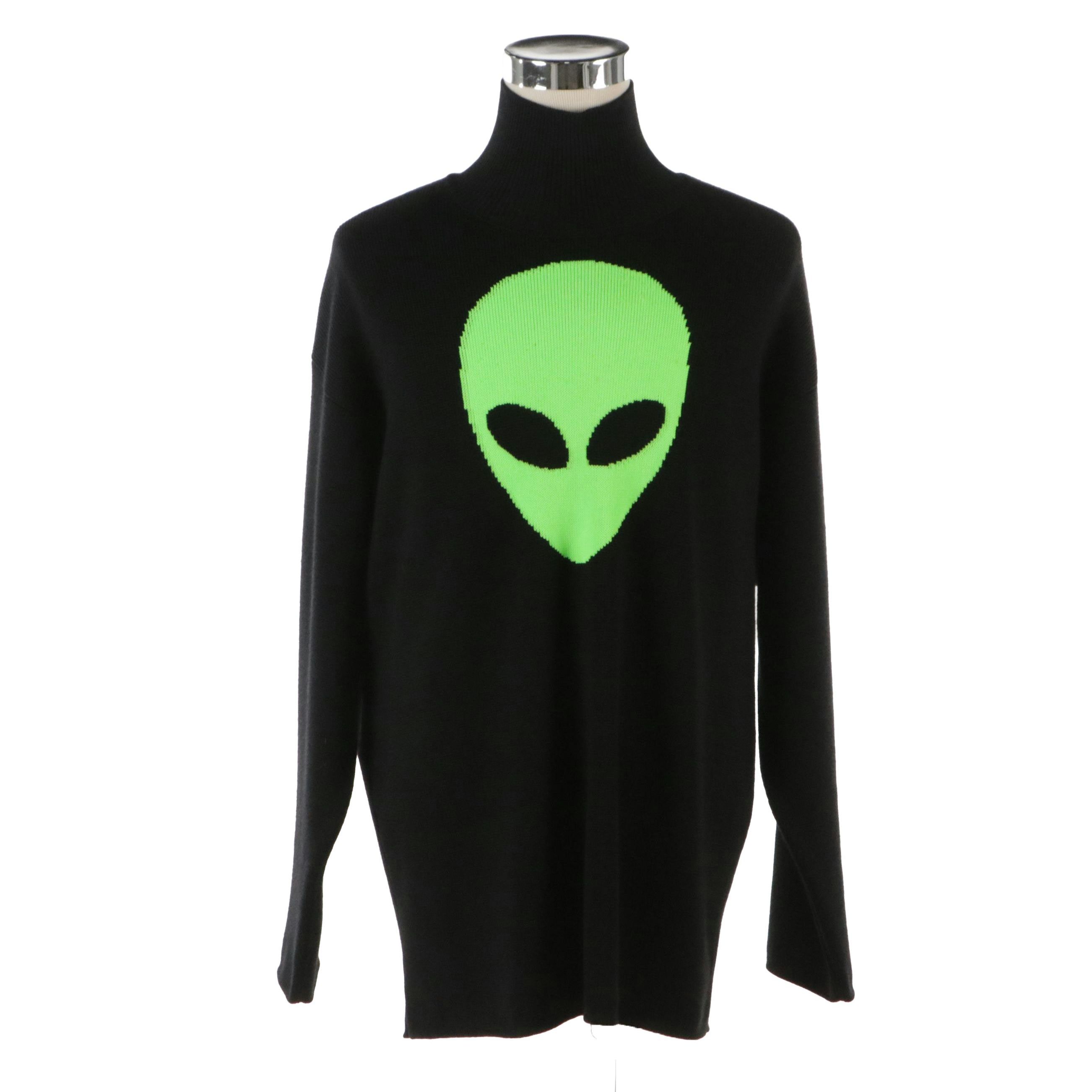 Men's Balenciaga "Hello From The Other Side" Green Alien Sweater in Black Wool