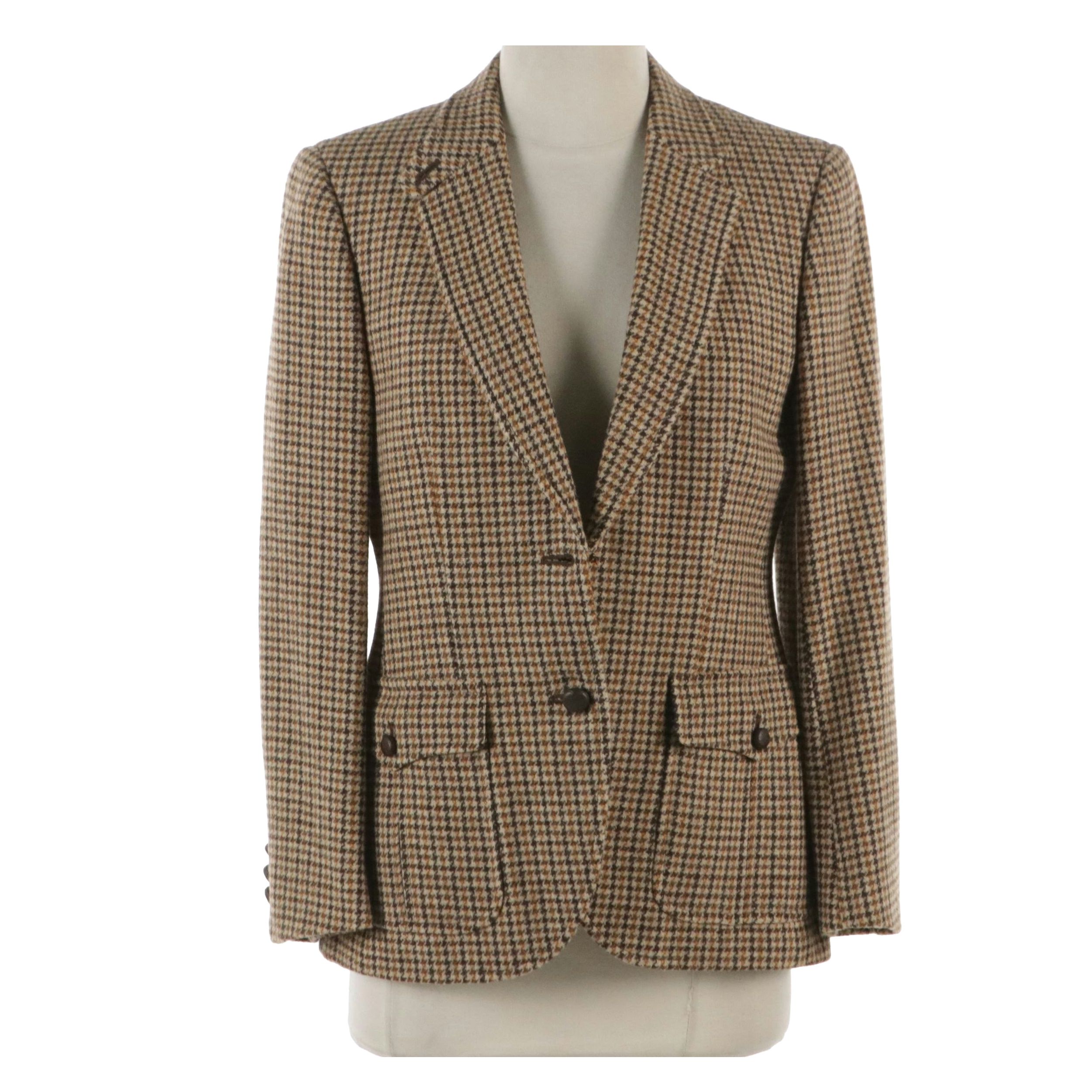 Burberrys Blazer in Brown Houndstooth Printed Wool with Leather Buttons