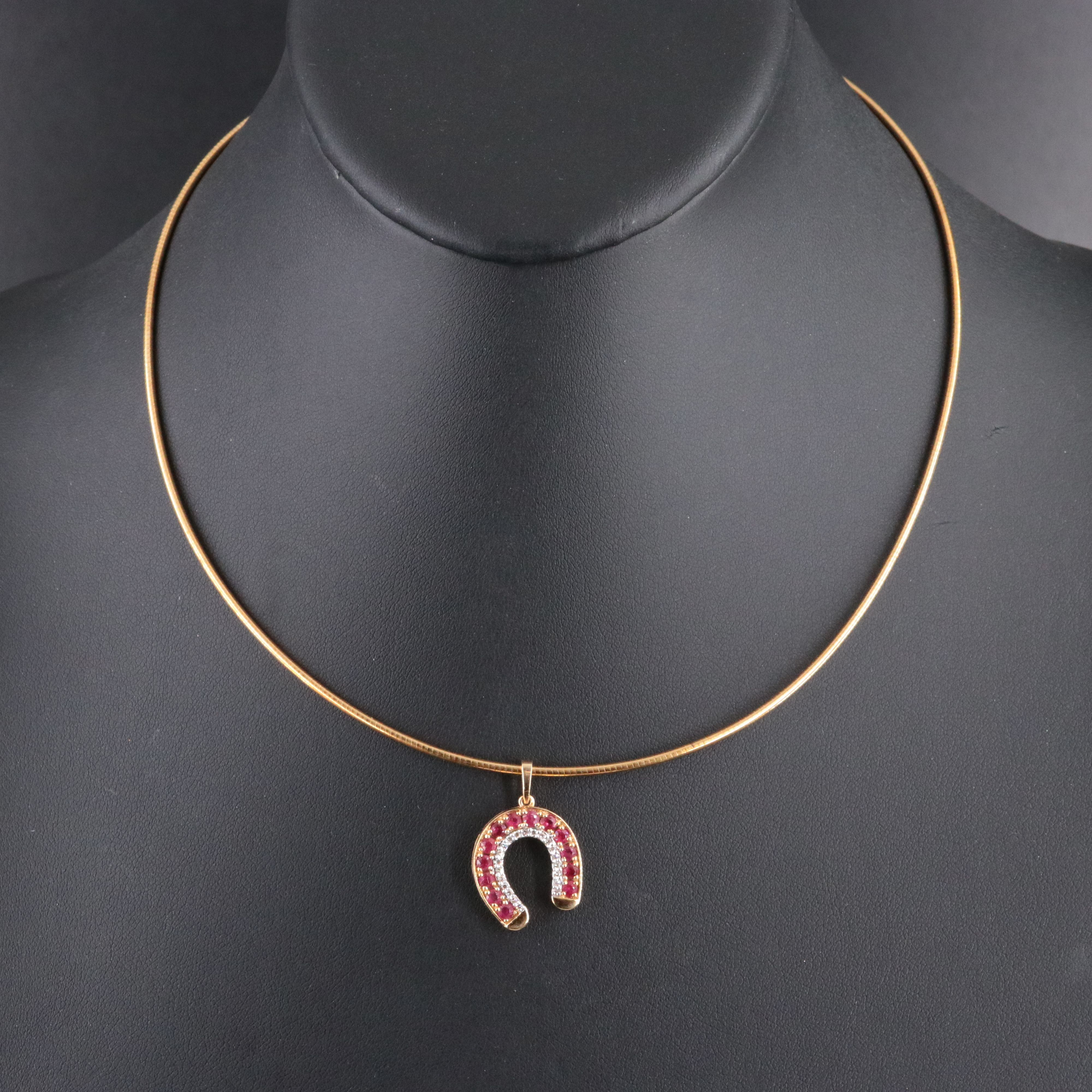 10K Ruby and Diamond Horseshoe Pendant on 9K Round Omega Chain Necklace