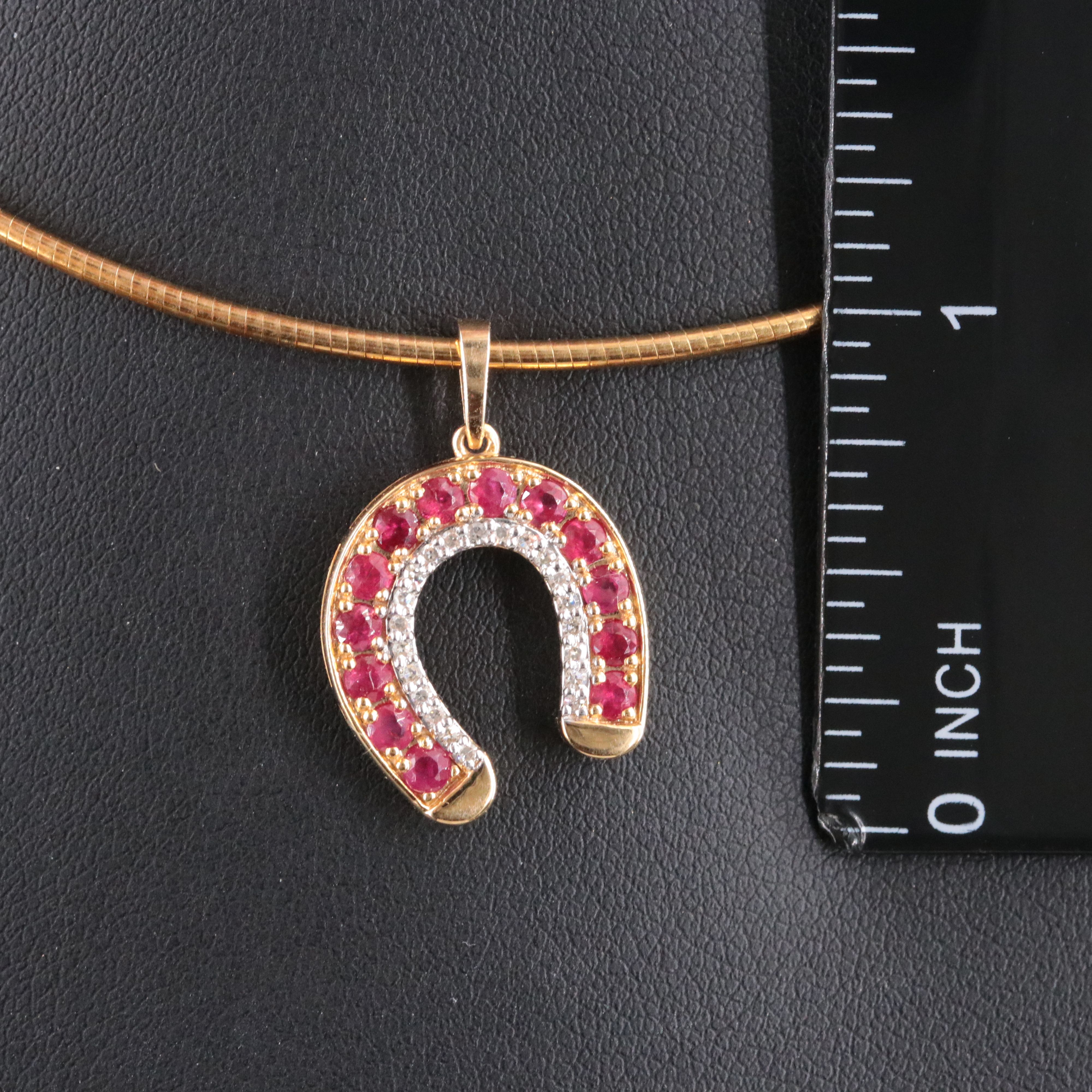 10K Ruby and Diamond Horseshoe Pendant on 9K Round Omega Chain Necklace