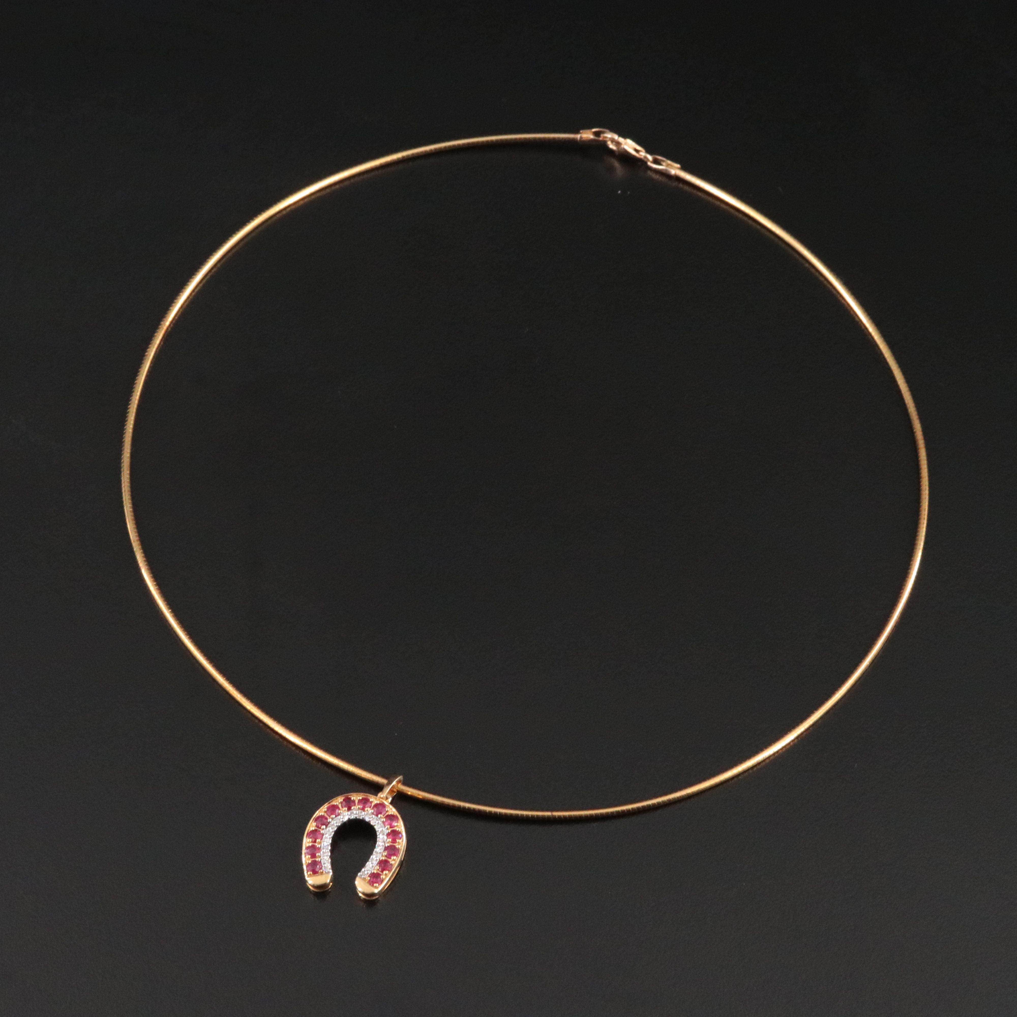 10K Ruby and Diamond Horseshoe Pendant on 9K Round Omega Chain Necklace