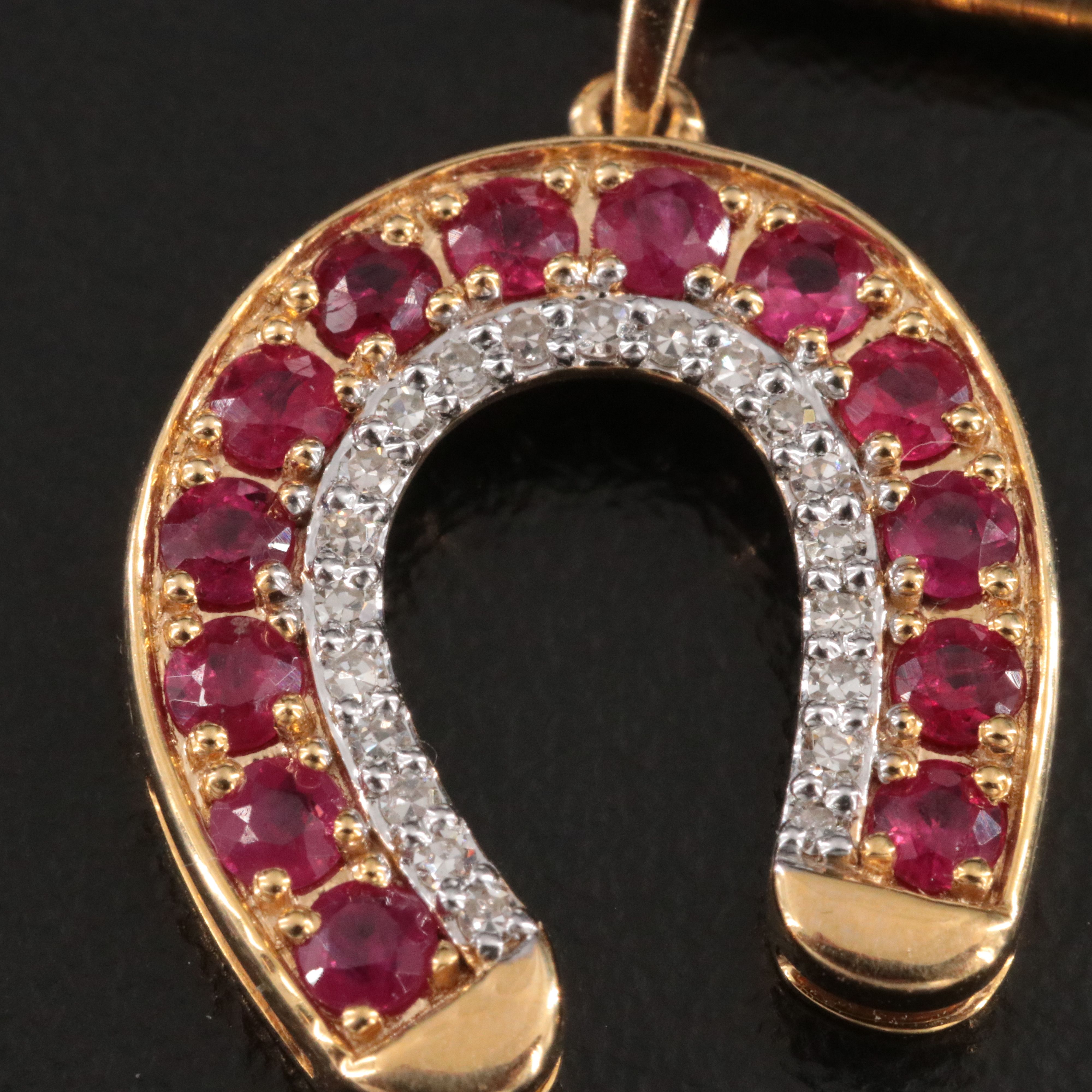 10K Ruby and Diamond Horseshoe Pendant on 9K Round Omega Chain Necklace
