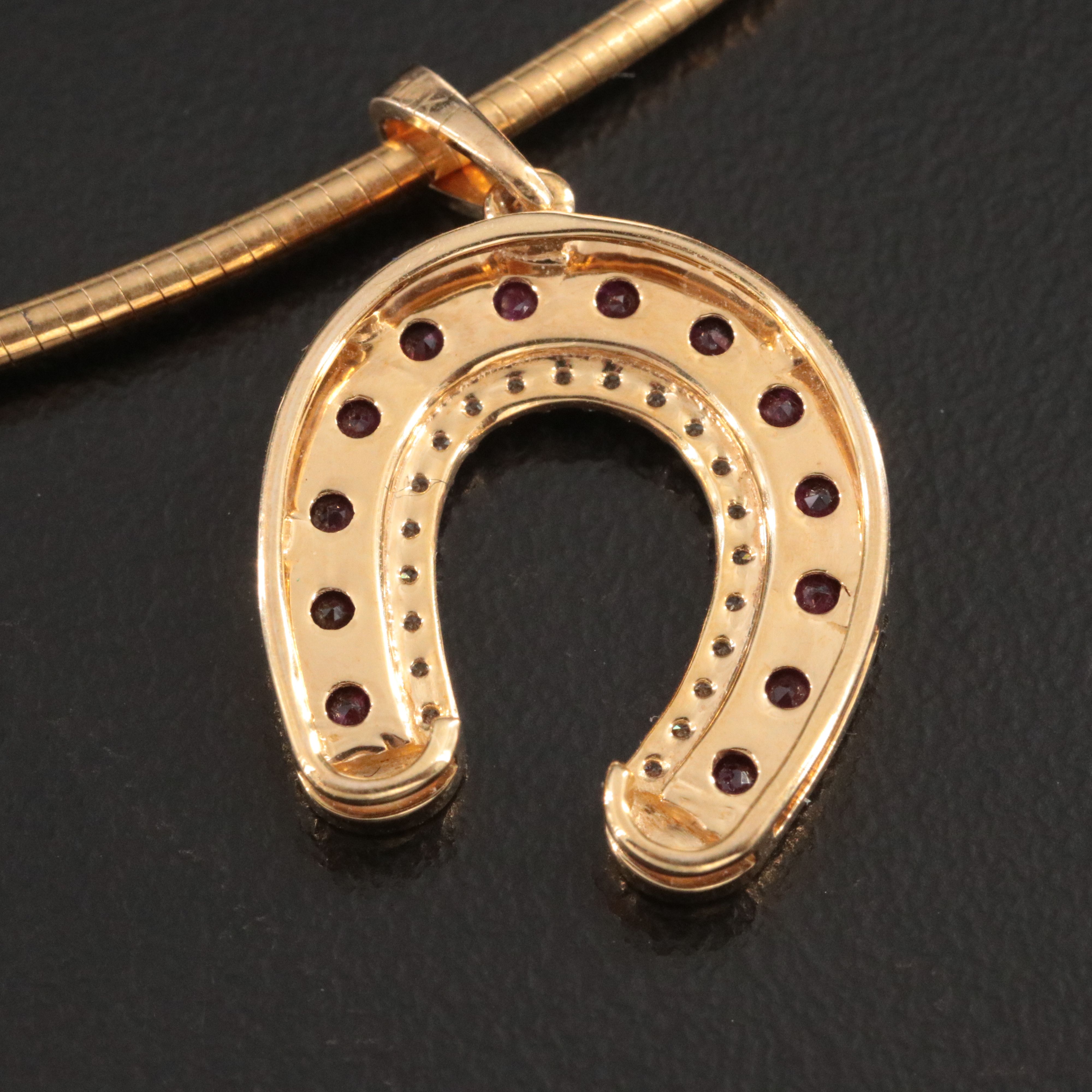 10K Ruby and Diamond Horseshoe Pendant on 9K Round Omega Chain Necklace