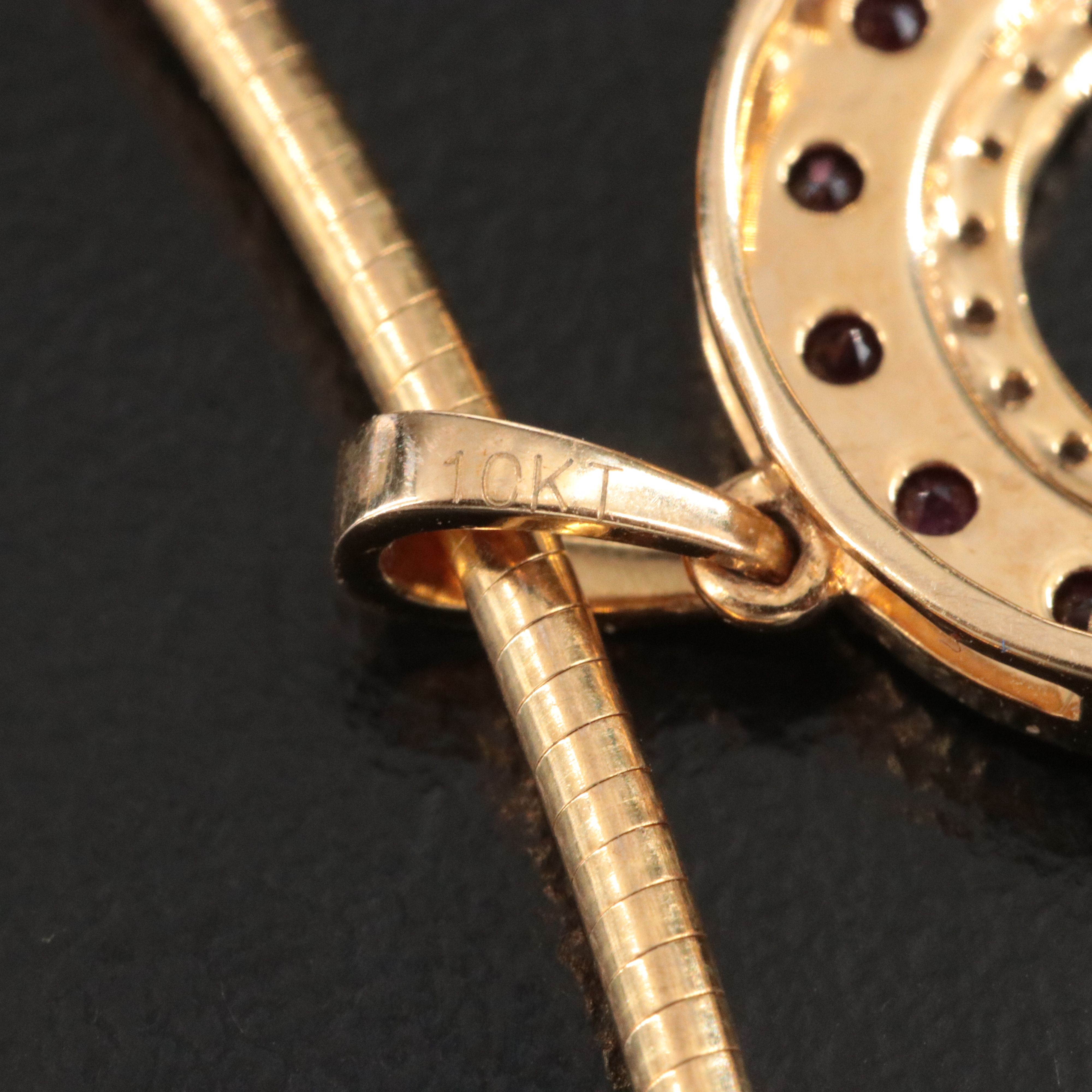 10K Ruby and Diamond Horseshoe Pendant on 9K Round Omega Chain Necklace