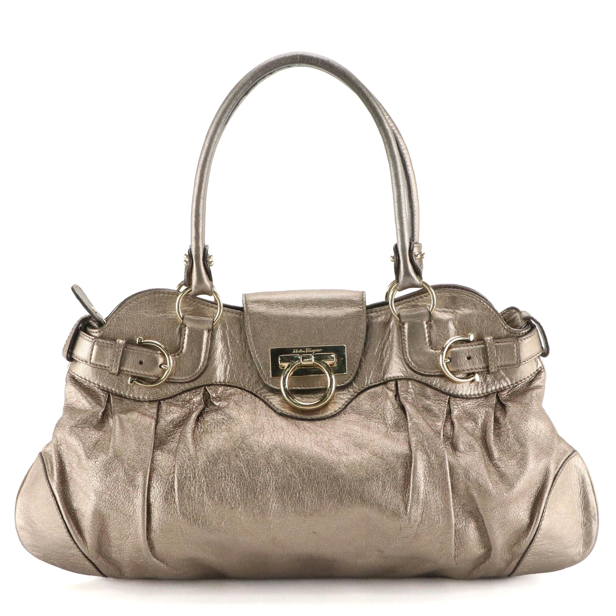 Salvatore Ferragamo Marisa Shoulder Bag in Metallic Silver Calfskin Leather