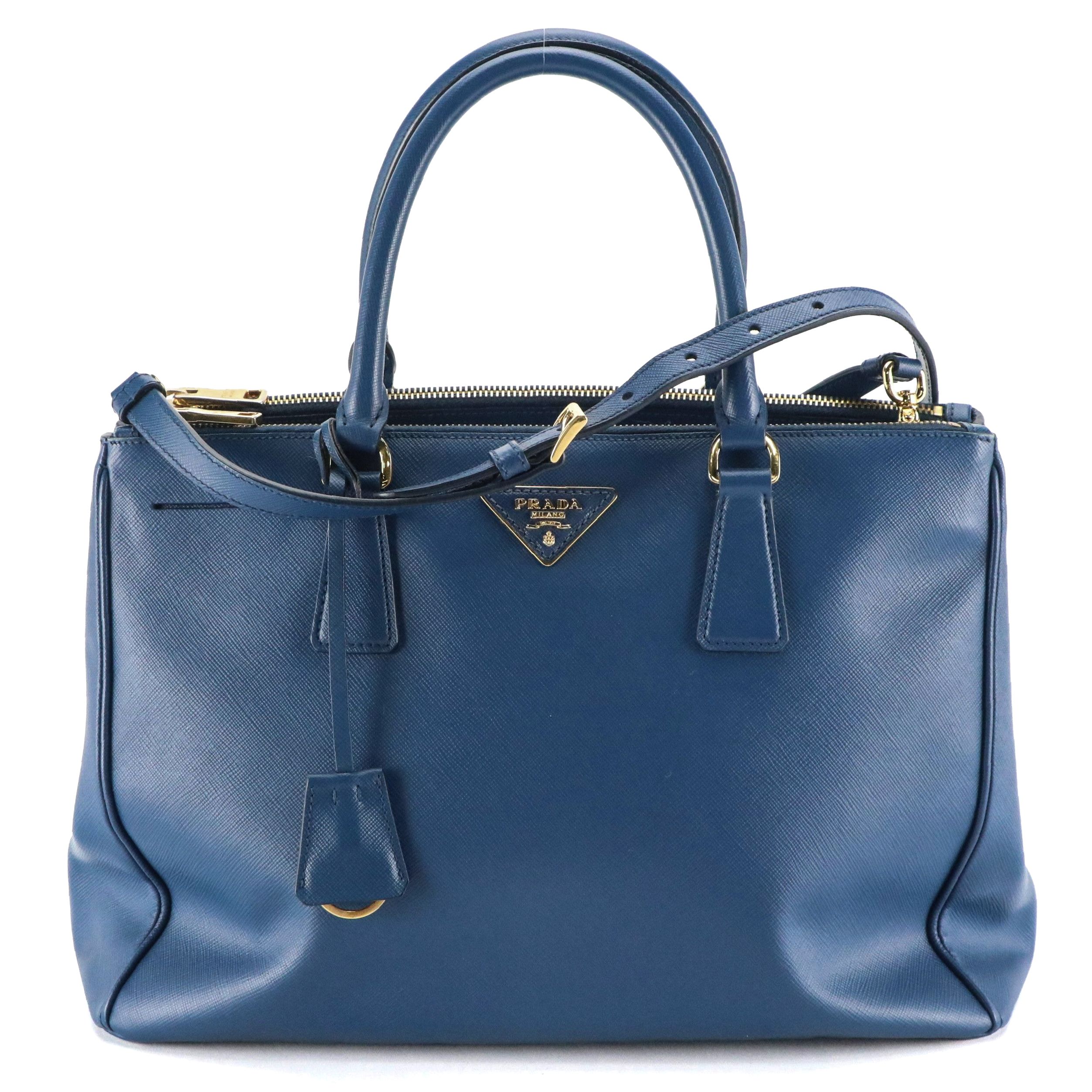Prada Medium Double Zip Galleria Two-Way Bag in Blue Saffiano Lux Leather