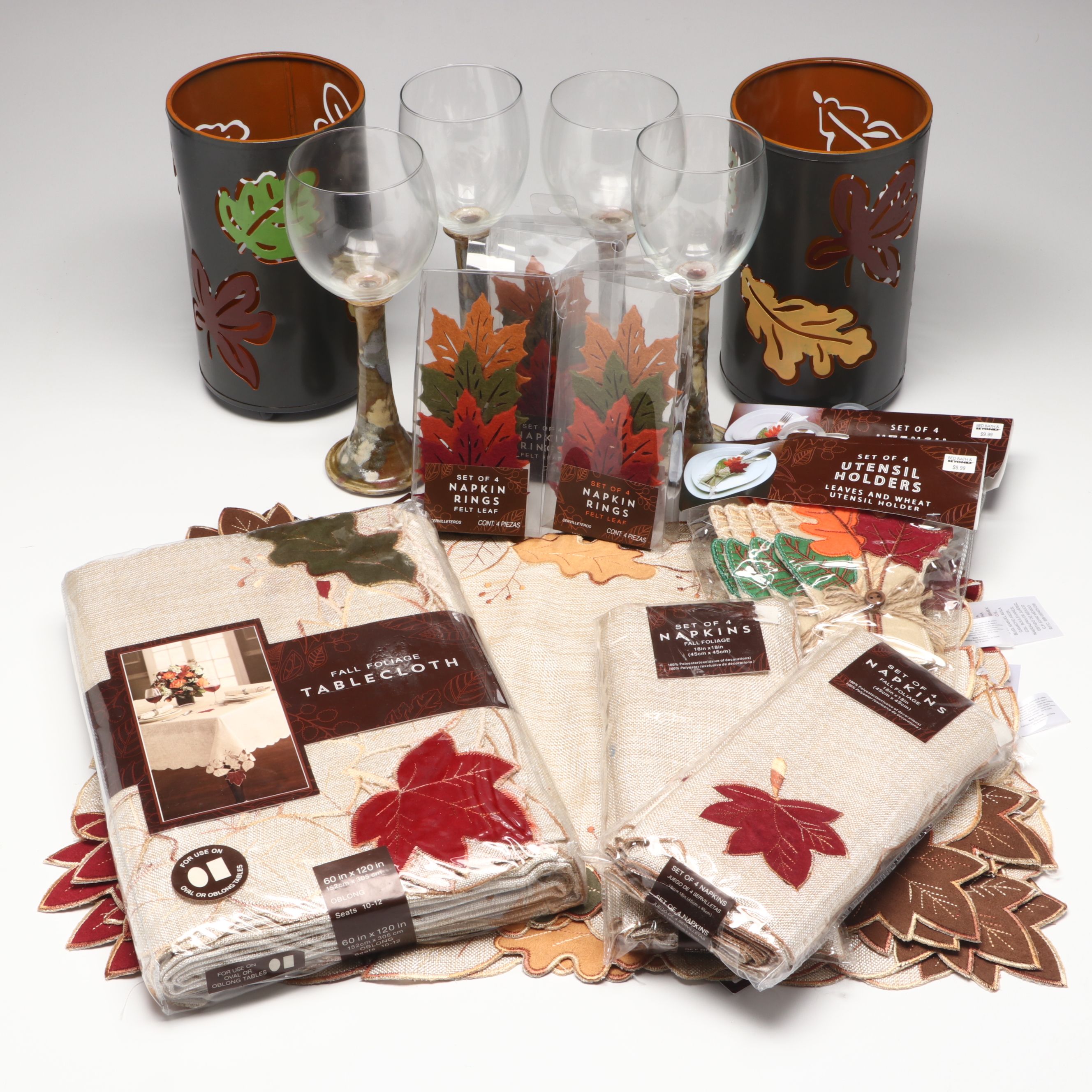 Buie Pottery Stoneware Stem Goblets with Autumnal Table Linens and Accessories