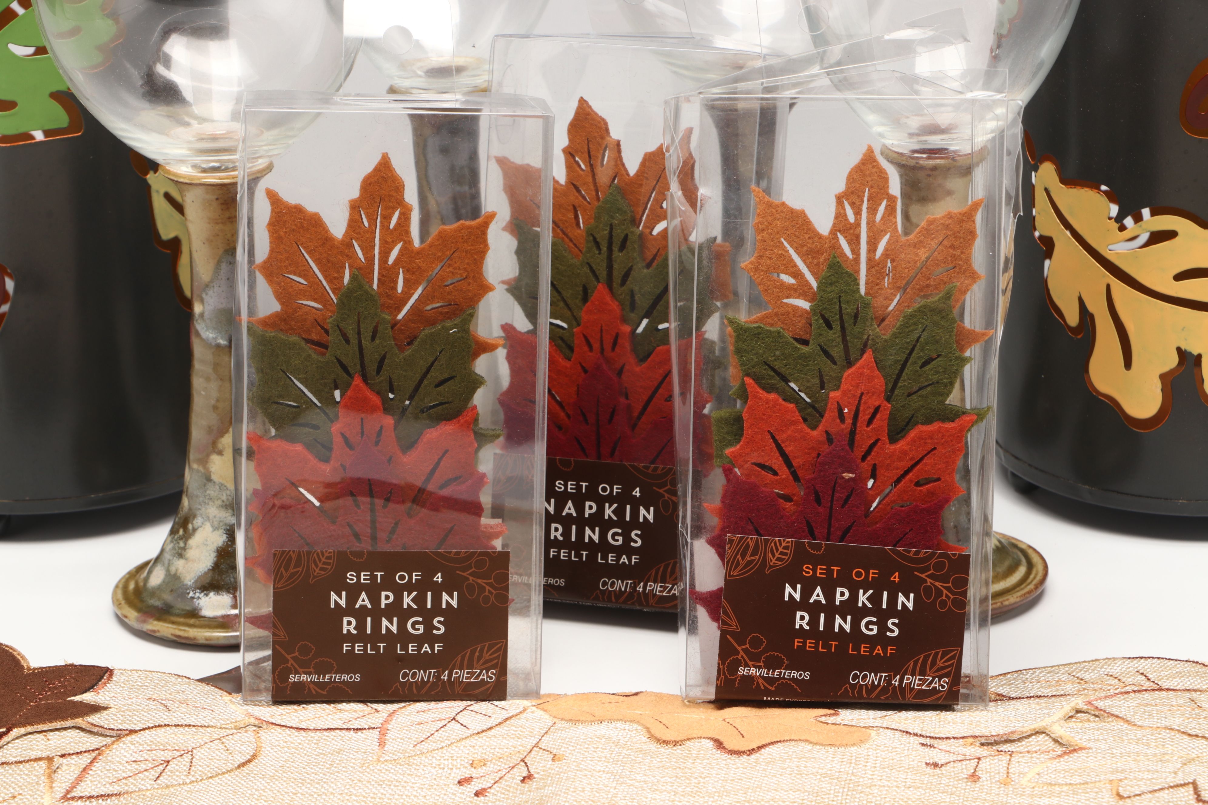 Buie Pottery Stoneware Stem Goblets with Autumnal Table Linens and Accessories