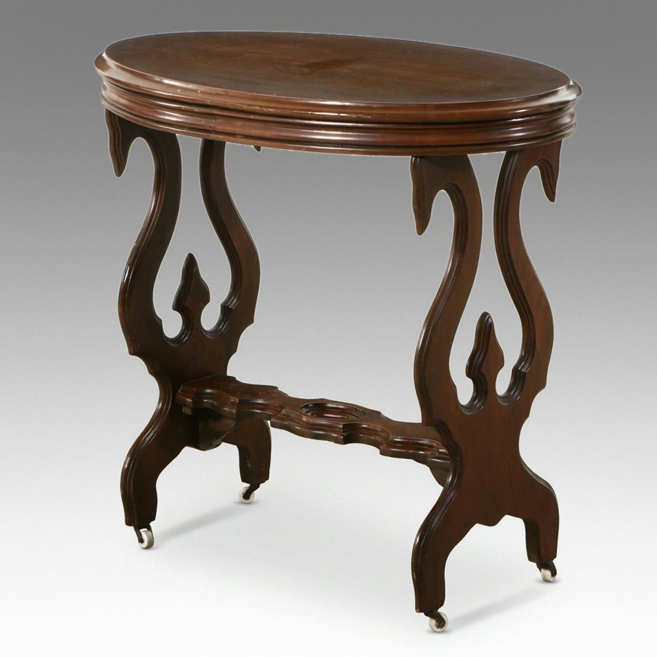 Victorian Revival Oval Lyre-Base Parlor Table, Early to Mid-20th Century