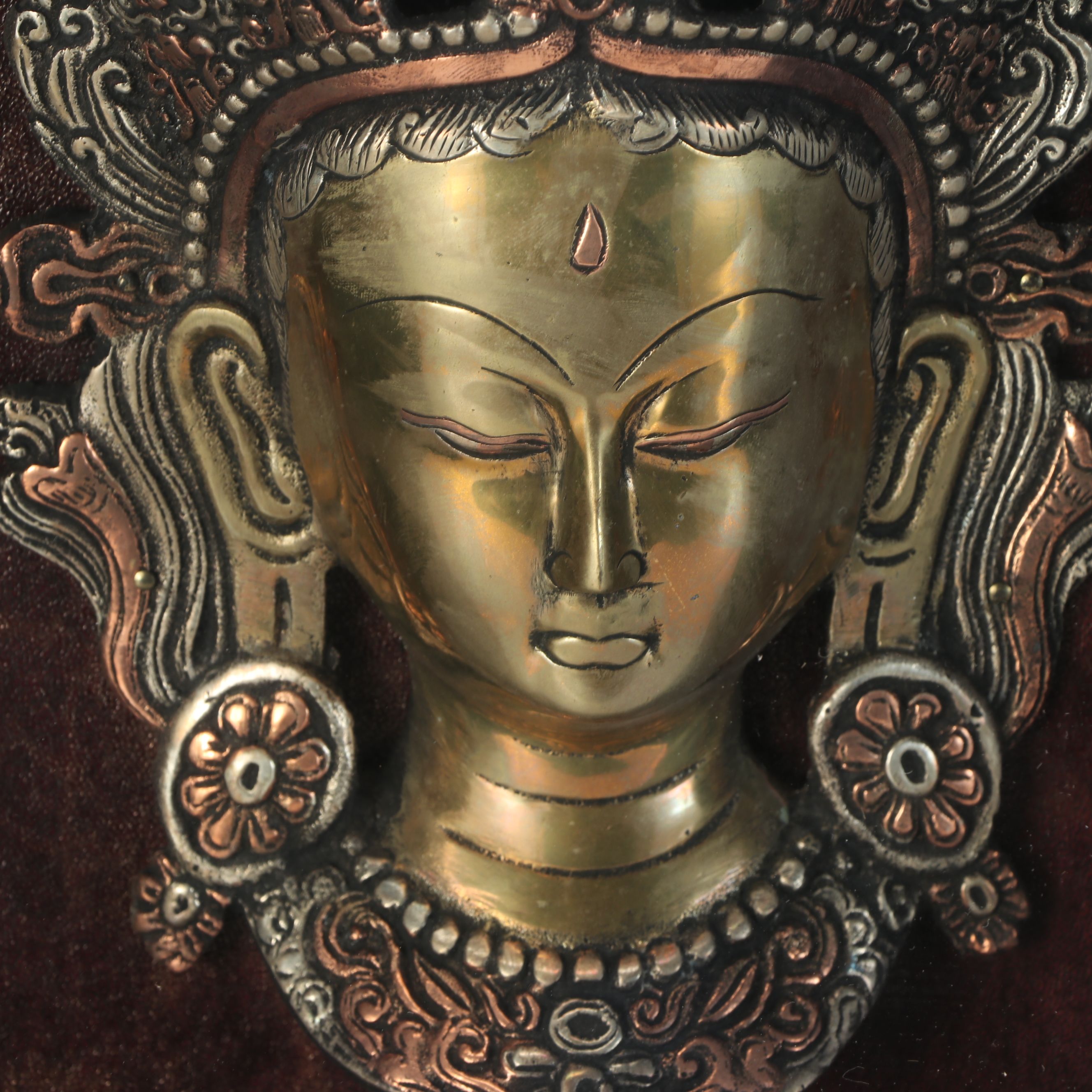 Tibetan Buddhist Deity Tara Brass Portrait in Shadow Box Frame