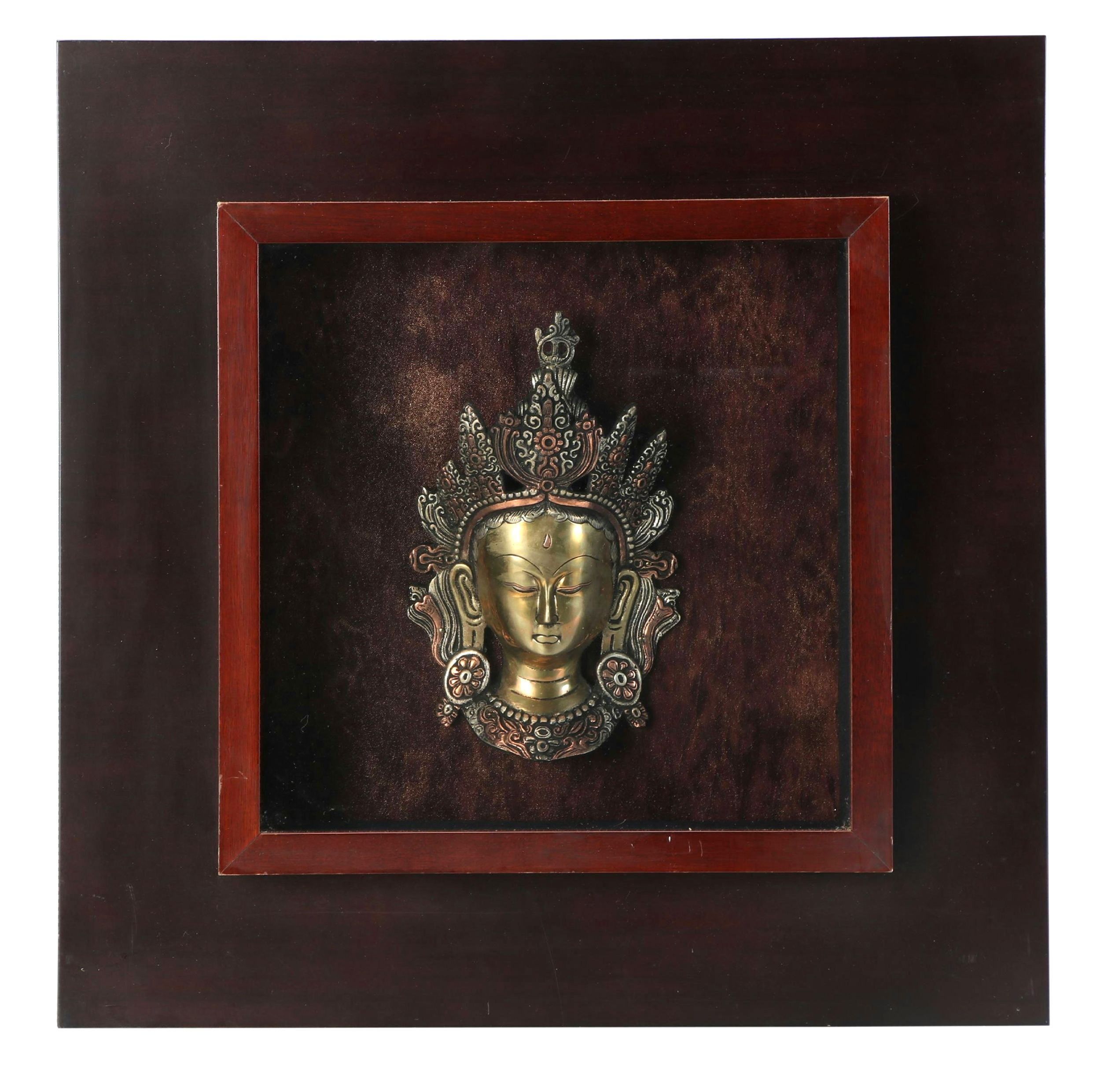 Tibetan Buddhist Deity Tara Brass Portrait in Shadow Box Frame