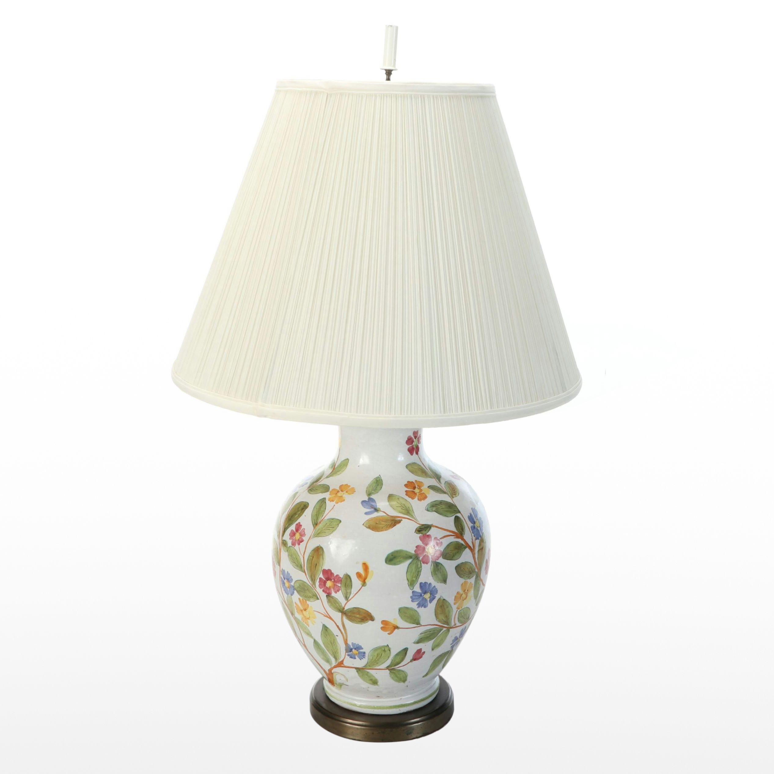 Hand-Painted Floral Motif Ceramic Table Lamp with Shirred Cotton Shade