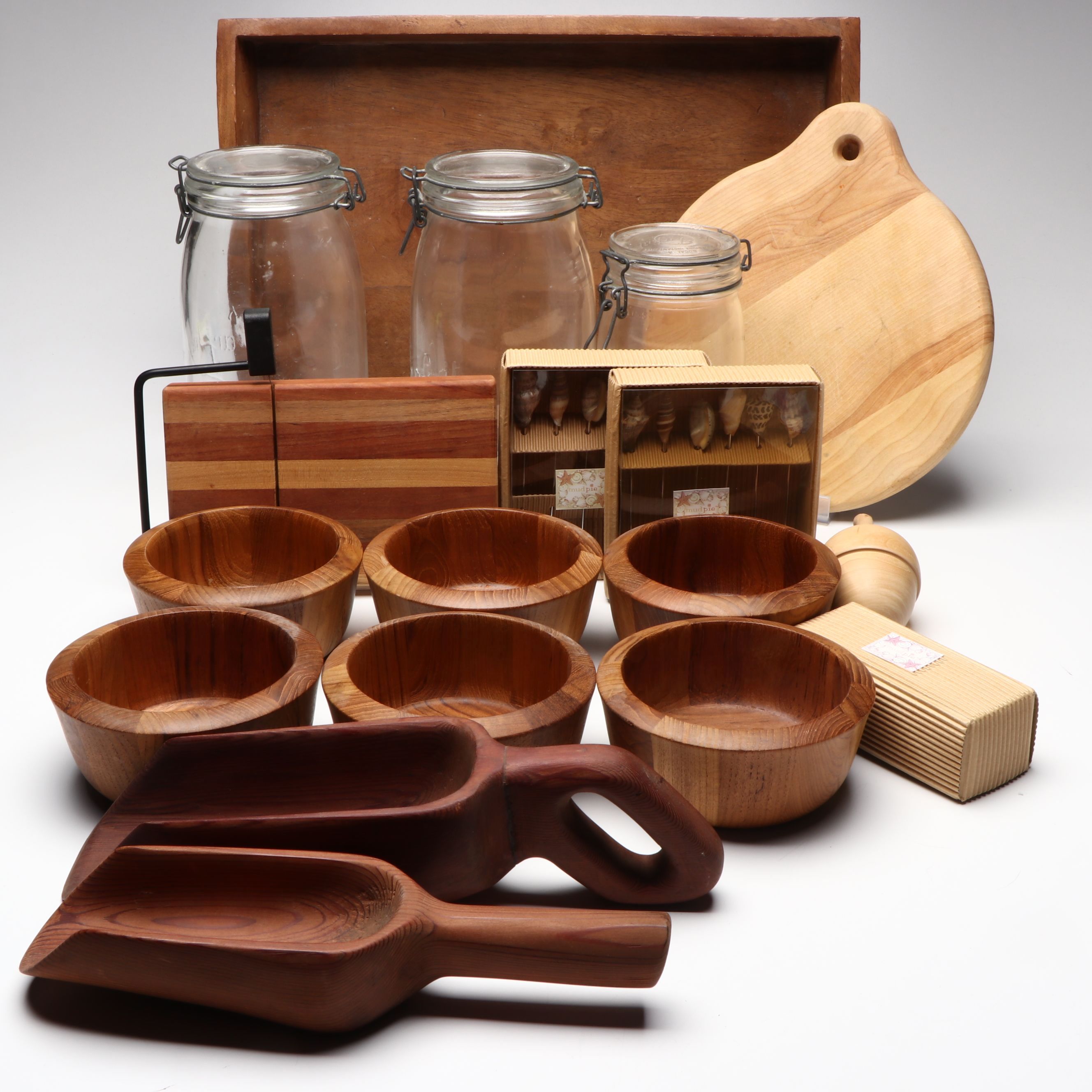 Dansk Teak Bowls, Le Parfait Canisters with Other Serveware and Utensils