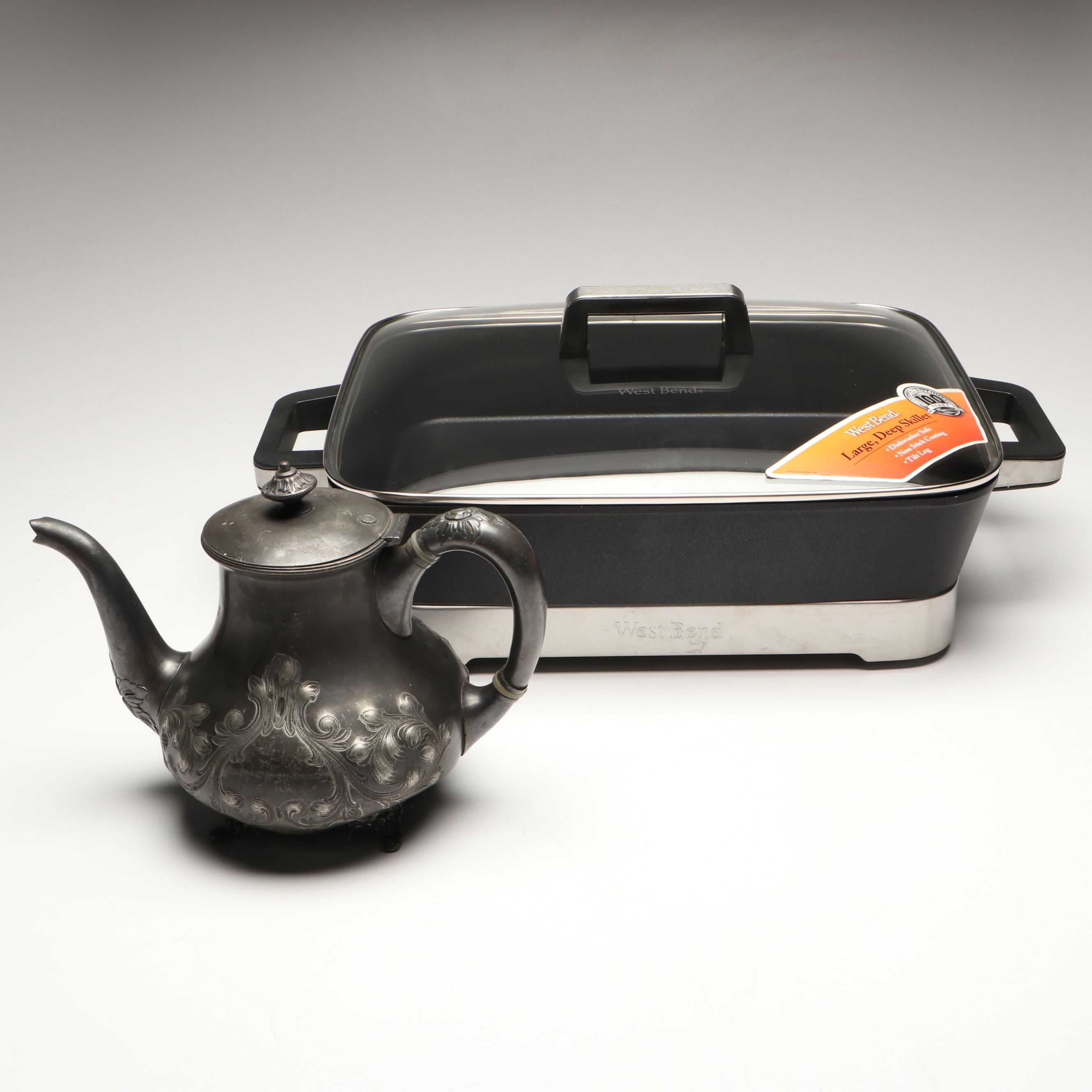West Bend Electric Skillet with Meriden Silver Plate Teapot