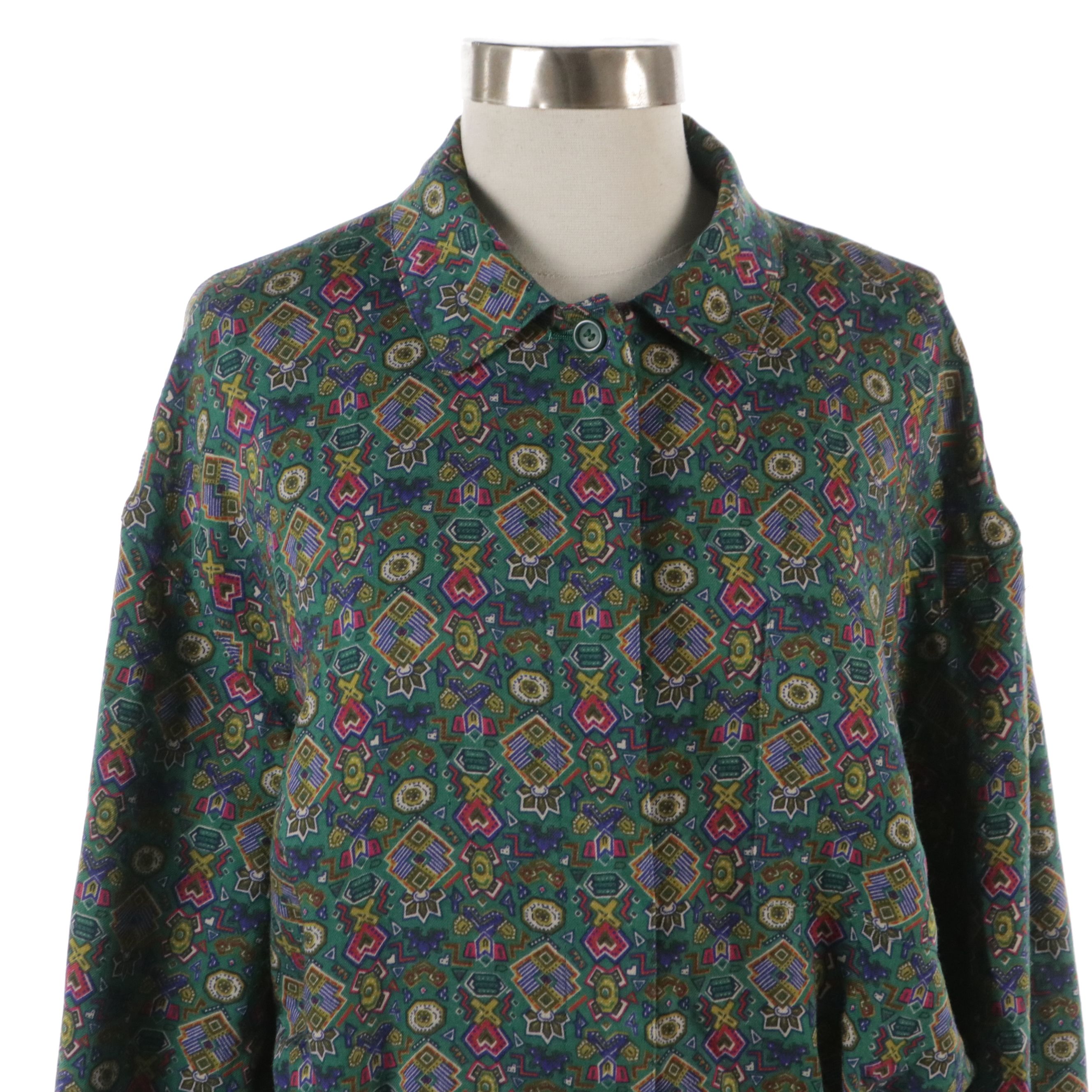 Christian Dior Sports Long Sleeve Button-Down Top in Printed Wool and Silk Blend