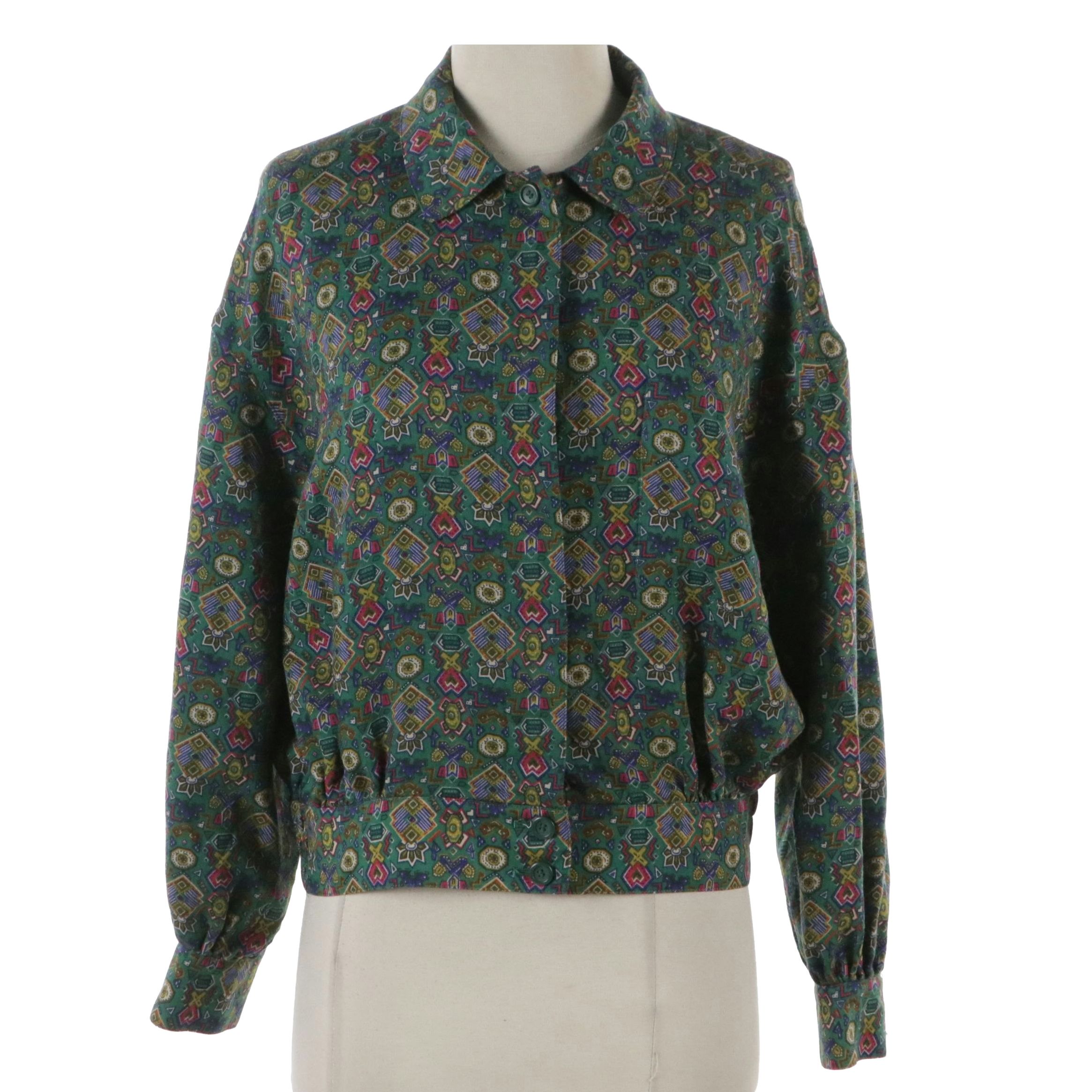 Christian Dior Sports Long Sleeve Button-Down Top in Printed Wool and Silk Blend