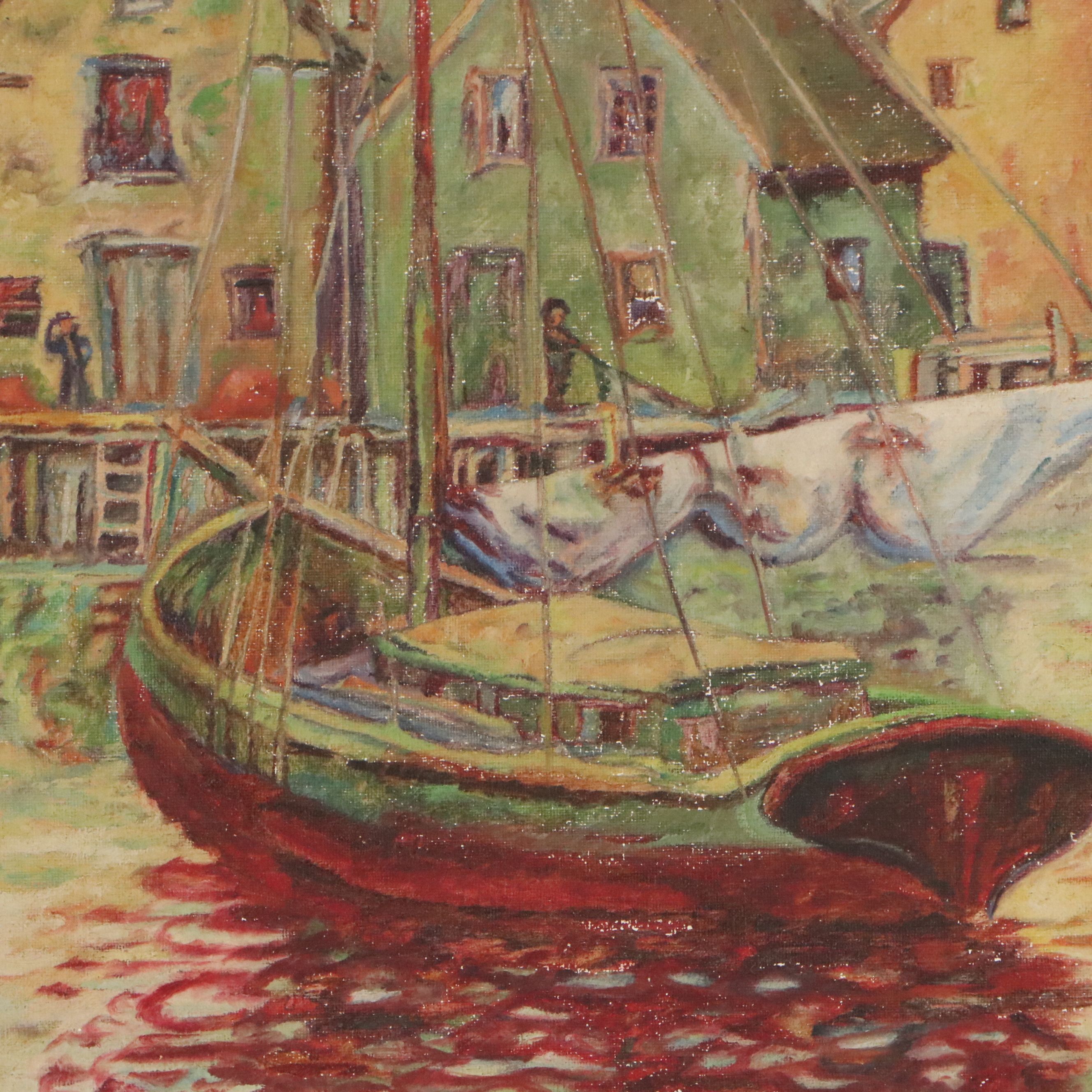 M. E. Gaylord Maritime Oil Painting "The Waterfront," 20th Century