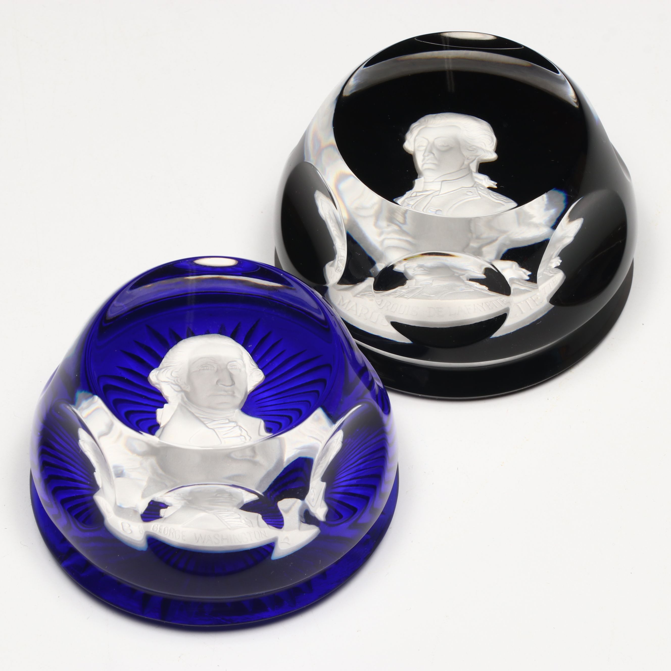Baccarat Franklin Mint "Washington" and "Lafayette" Sulphide Glass Paperweights