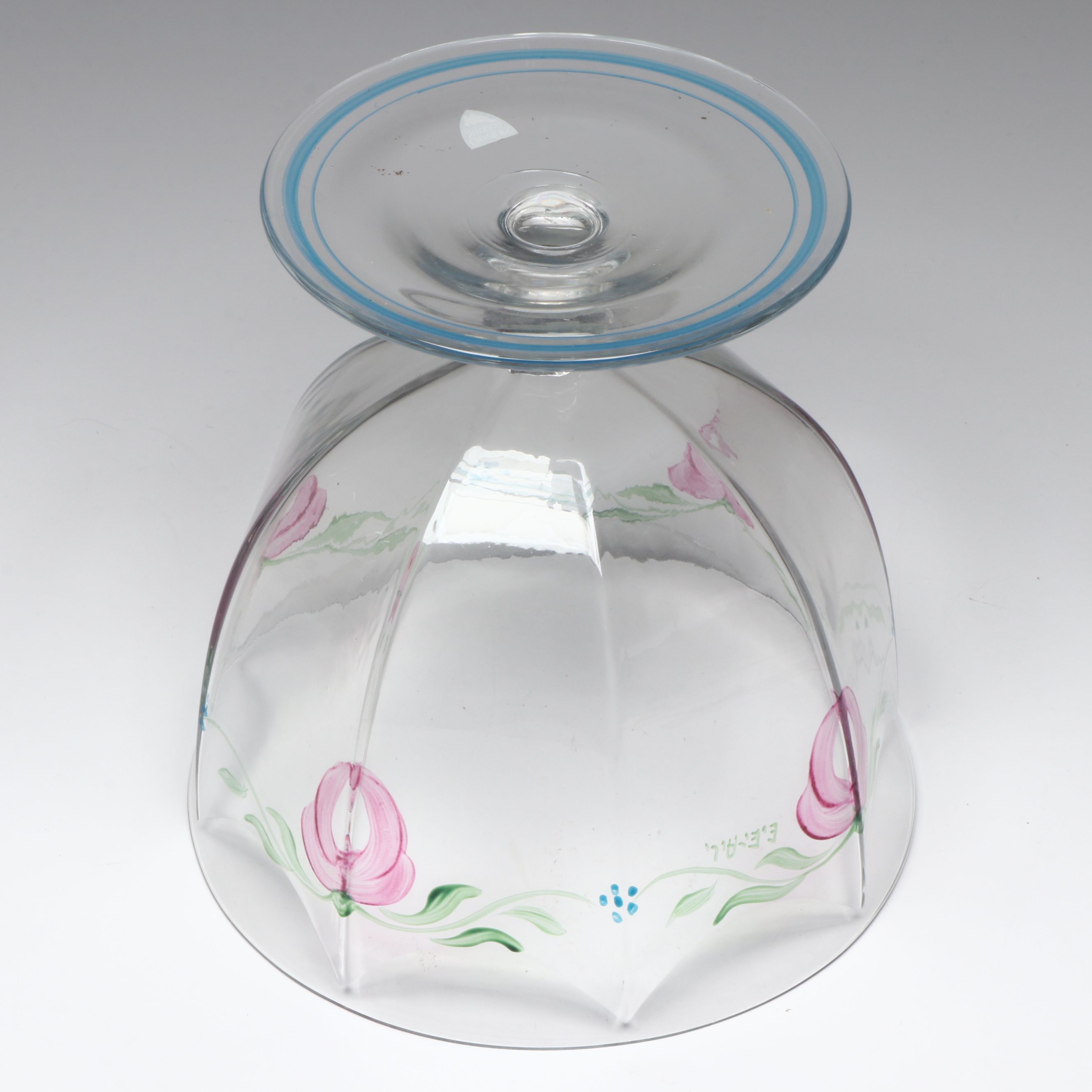 Orrefors Hand-Painted Floral Glass Footed Bowl with Dalzell Viking Candlesticks