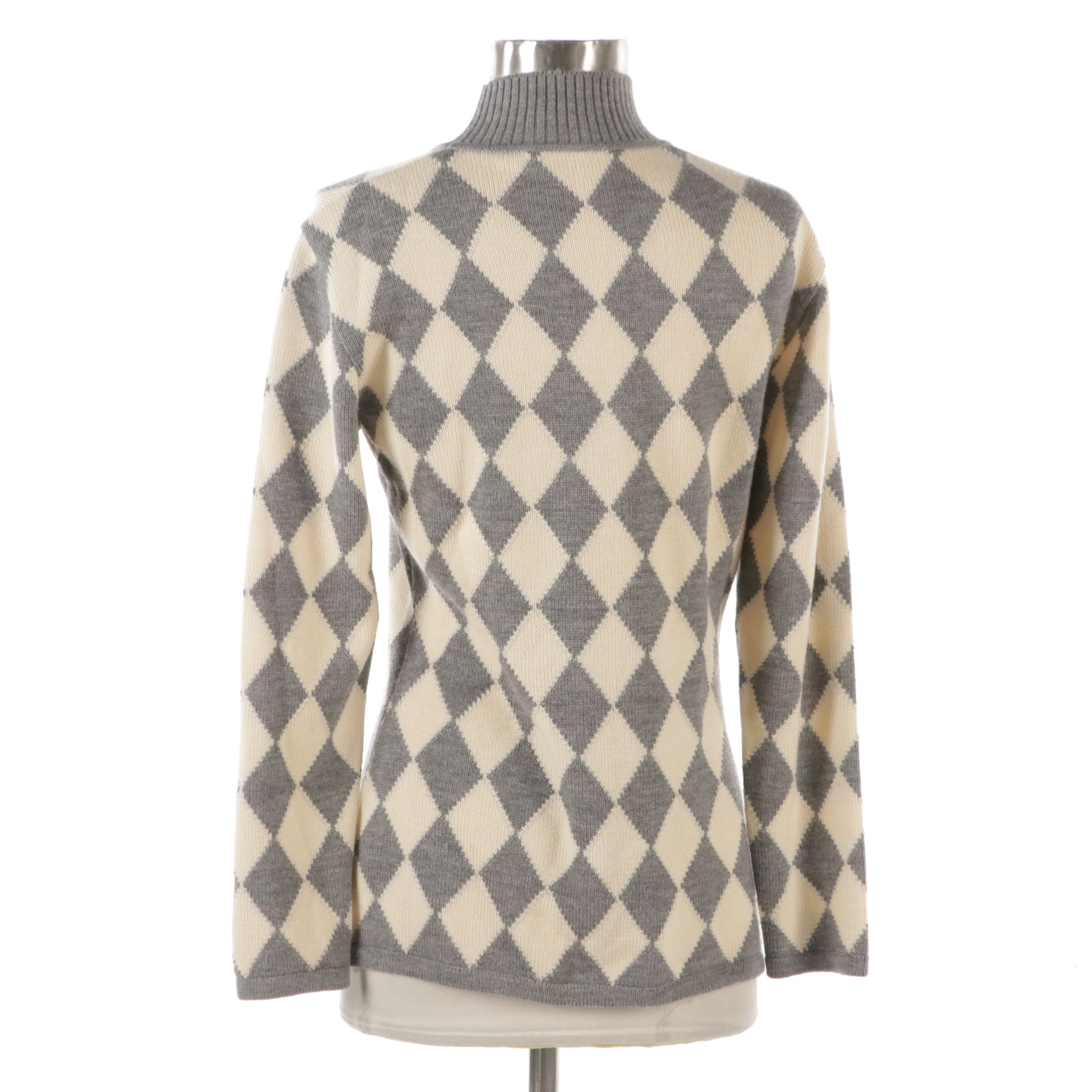 Salvatore Ferragamo Gray and White Harlequin Patterned Wool Sweater