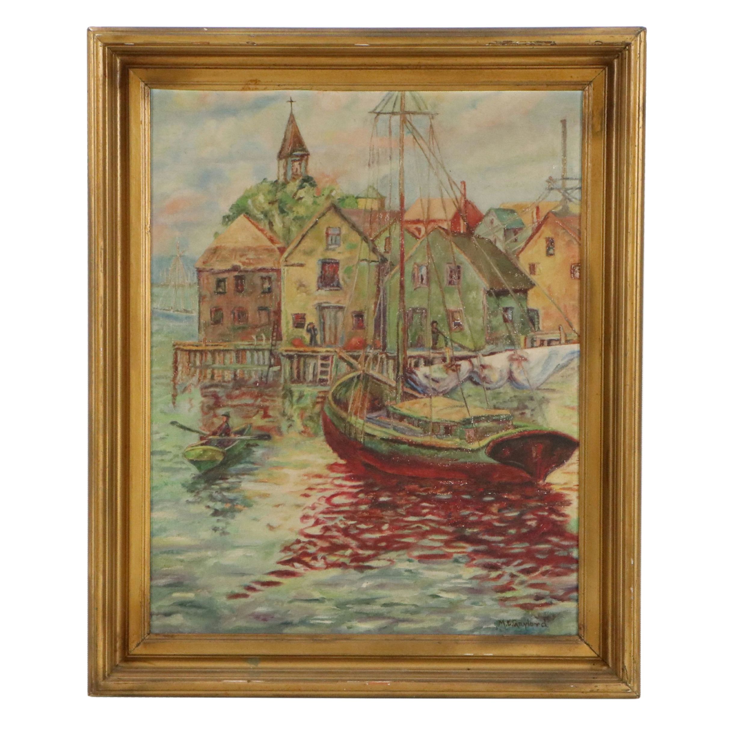M. E. Gaylord Maritime Oil Painting "The Waterfront," 20th Century