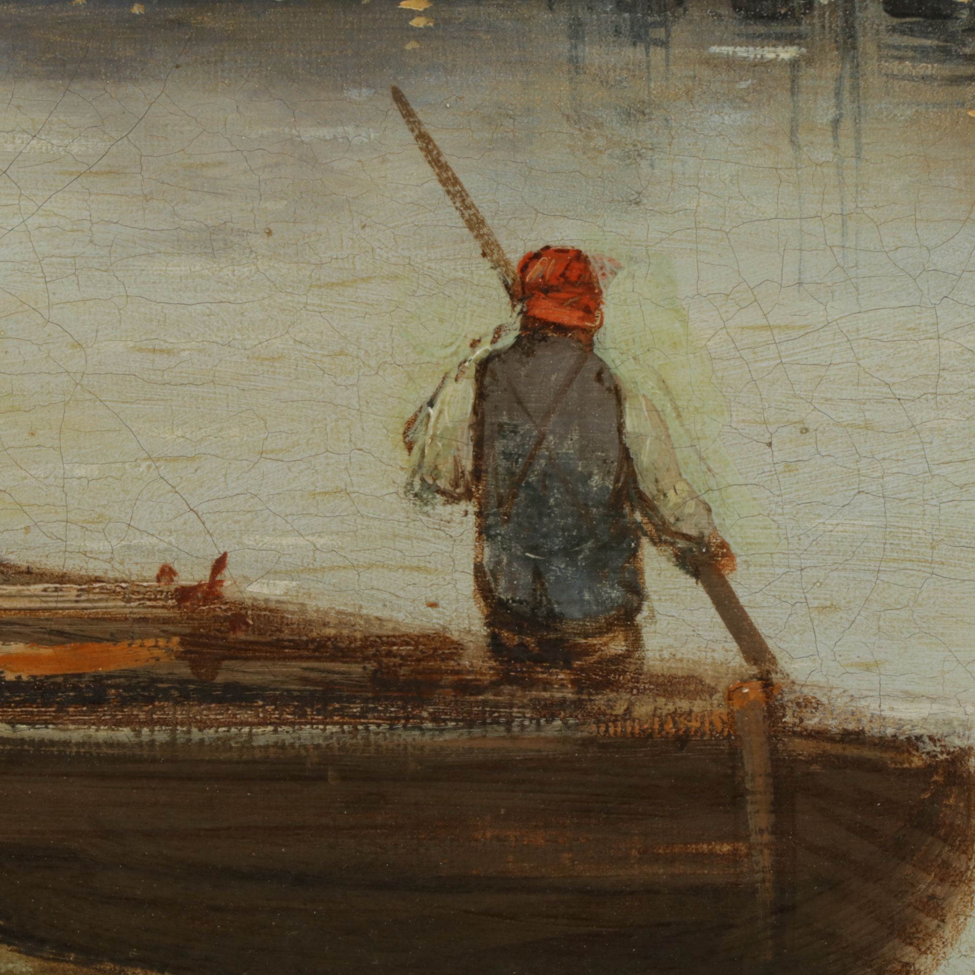 Continental European Harbor Scene Oil Painting, Late 19th Century