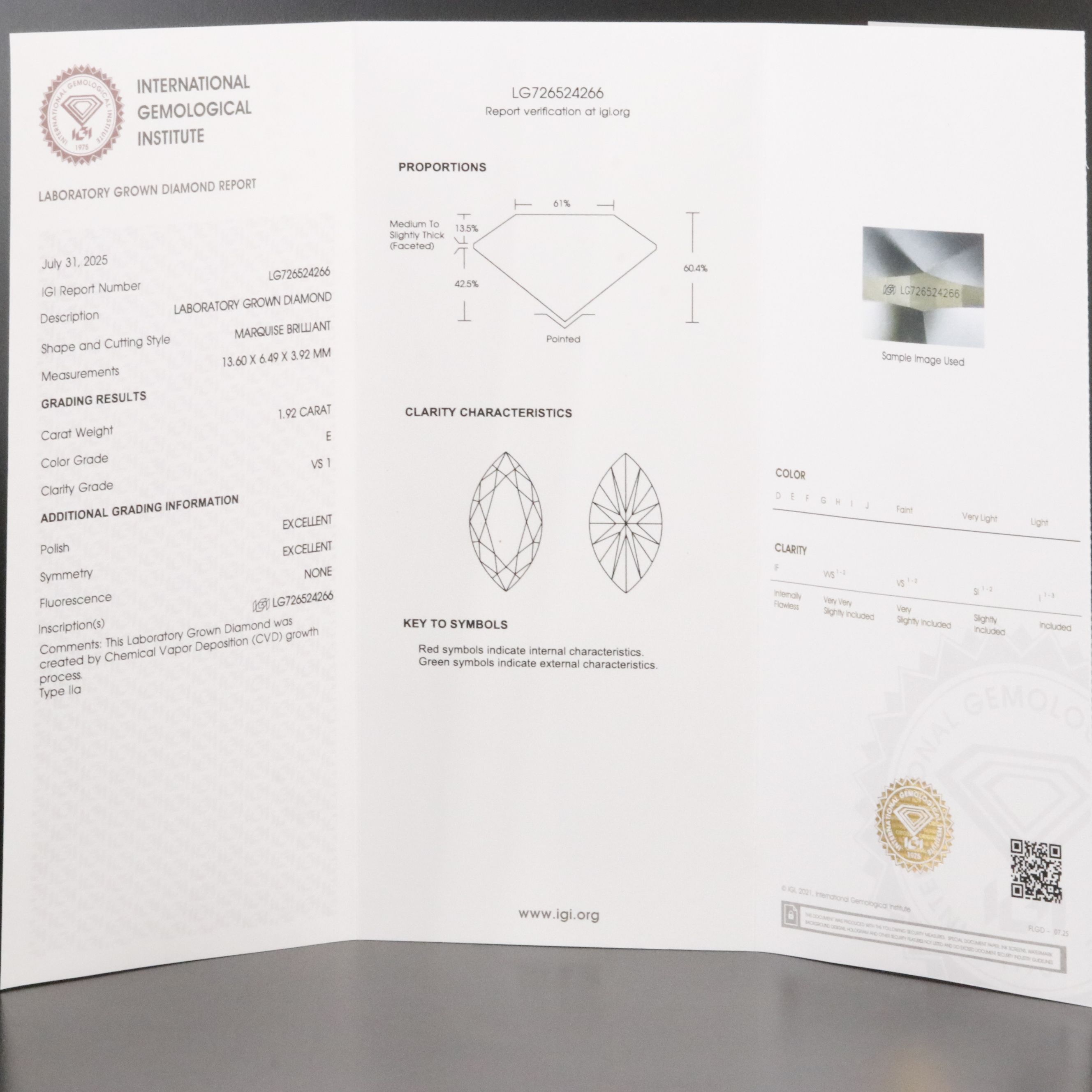 Loose 1.92 CT Lab Grown Diamond with IGI Report