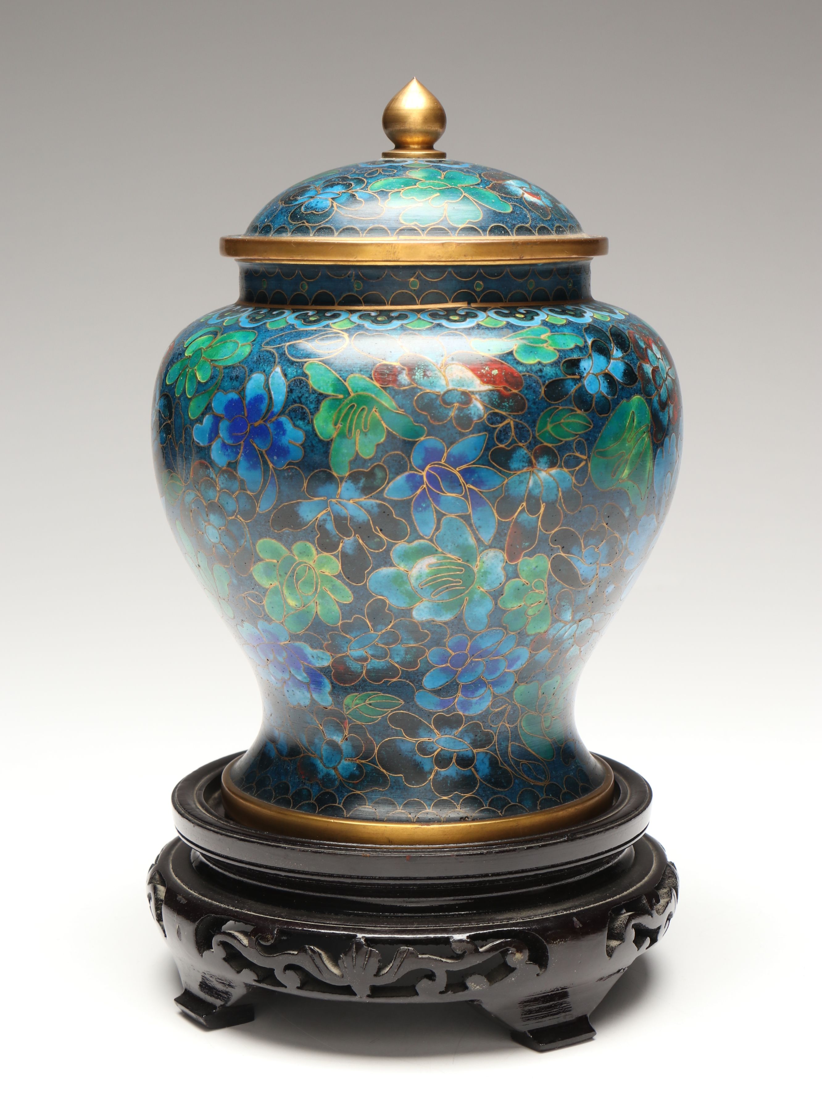 Chinese Floral Cloisonné Decorative Lidded Urn on Wood Base