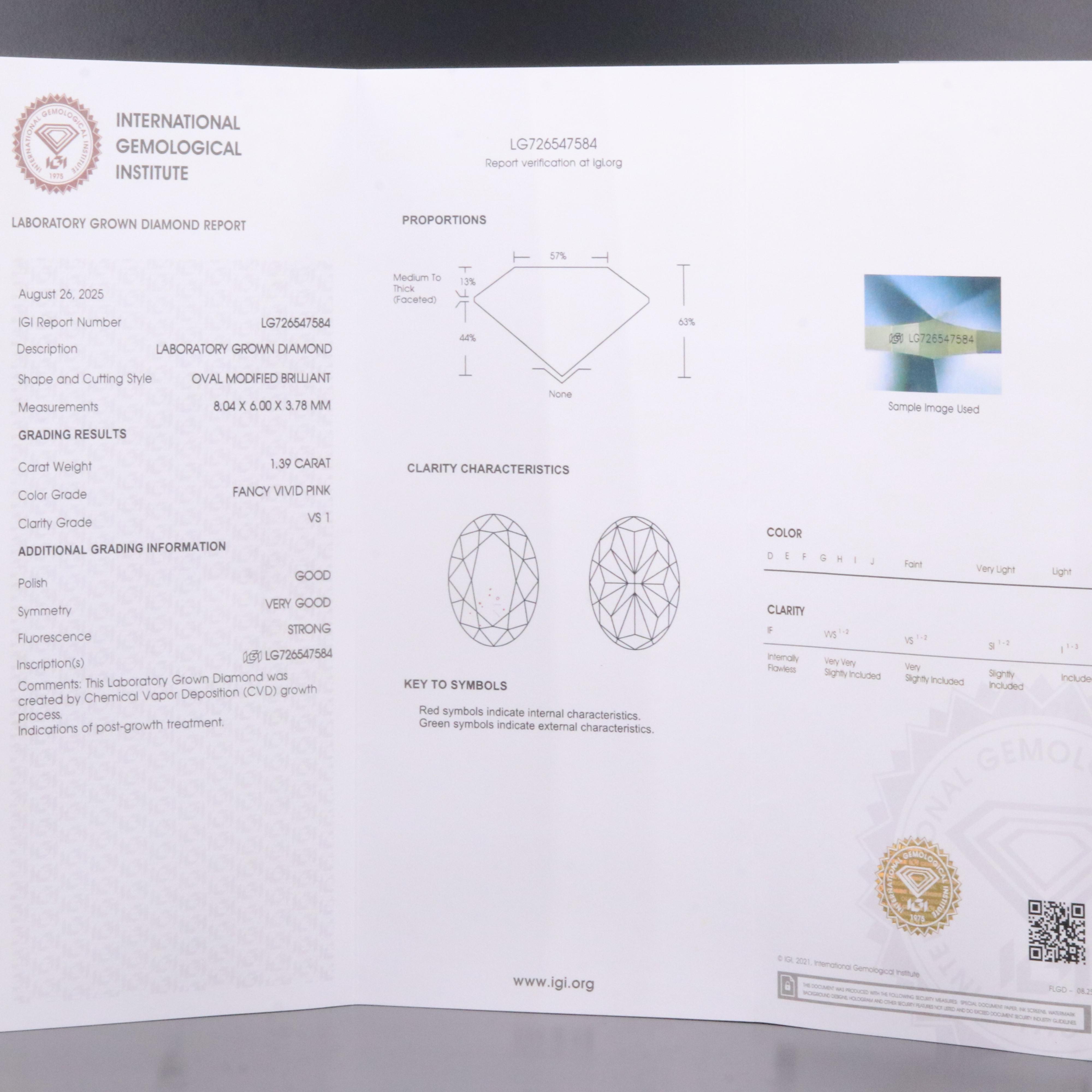 Loose 1.39 CT Lab Grown Fancy Vivid Pink Diamond with IGI Report