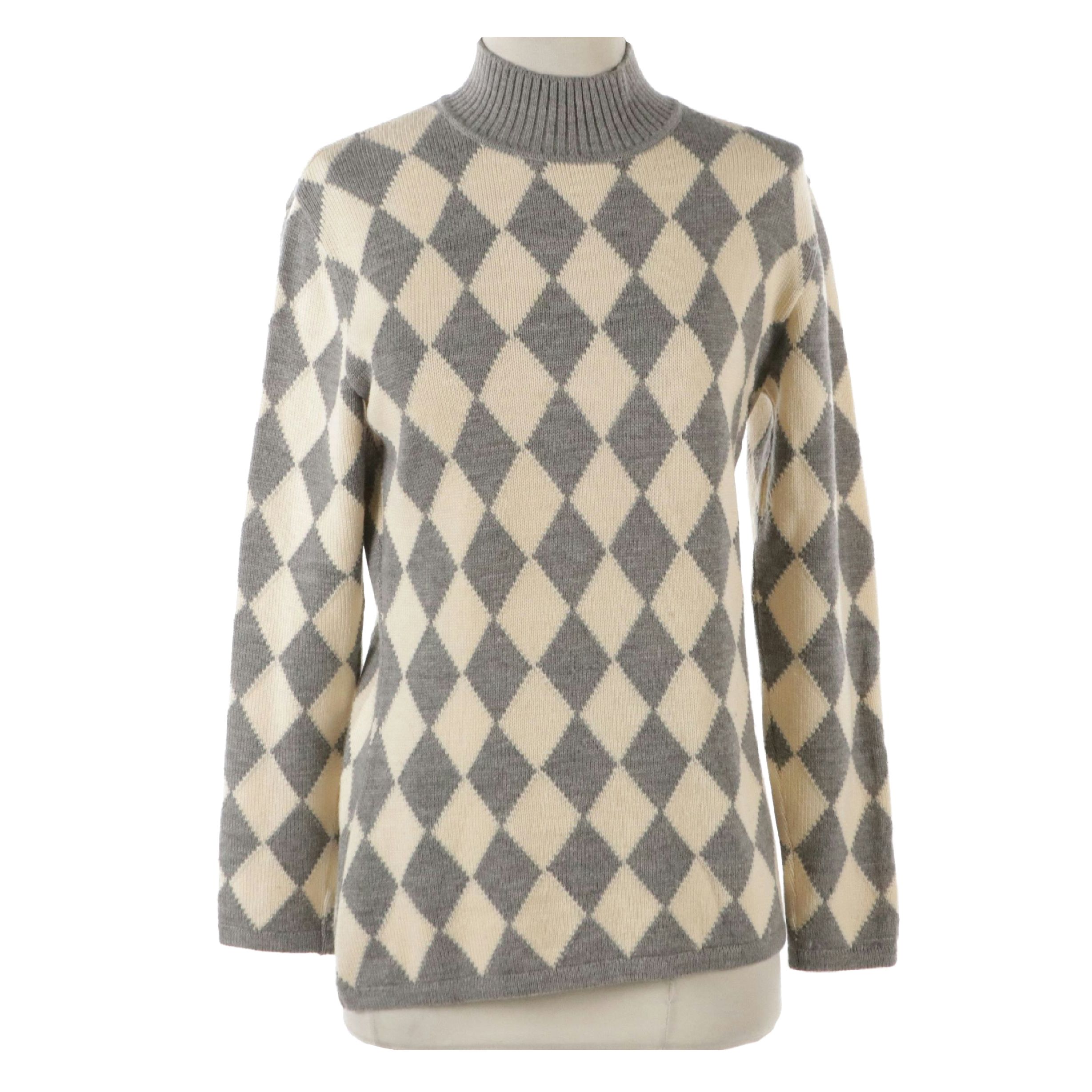 Salvatore Ferragamo Gray and White Harlequin Patterned Wool Sweater