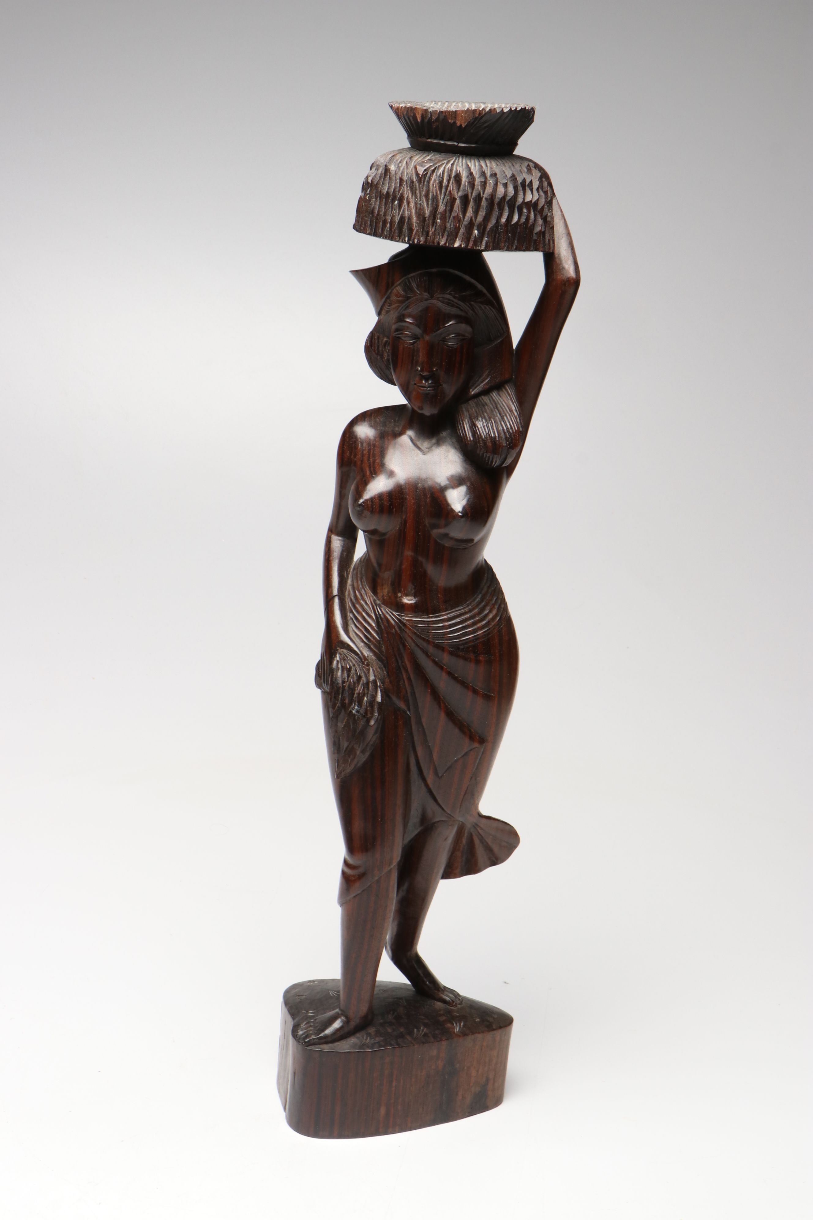 Carved Wood Woman Carrying Basket with Carved Wood Mask