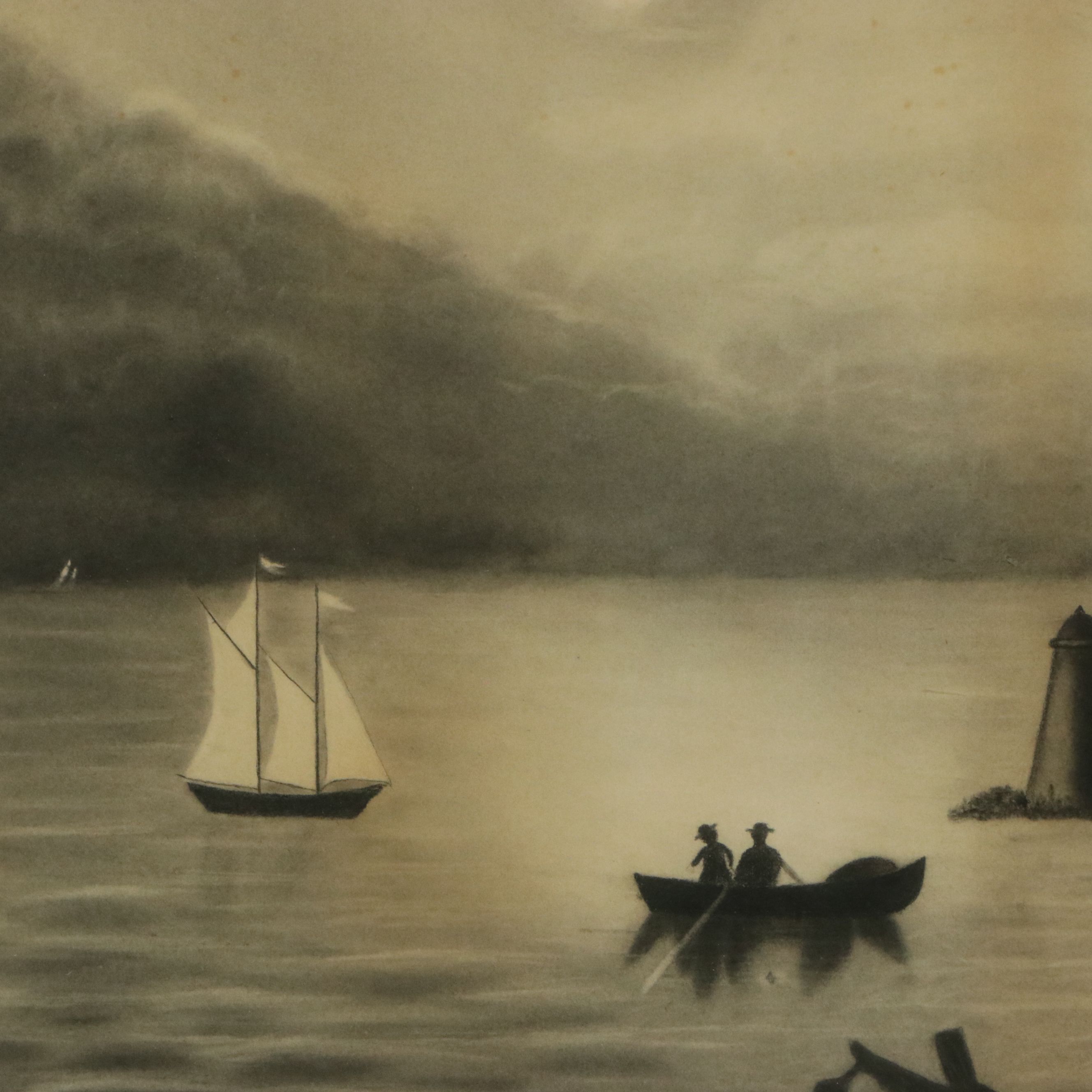 Naive Charcoal Drawing of Nautical Scene, Circa 1900