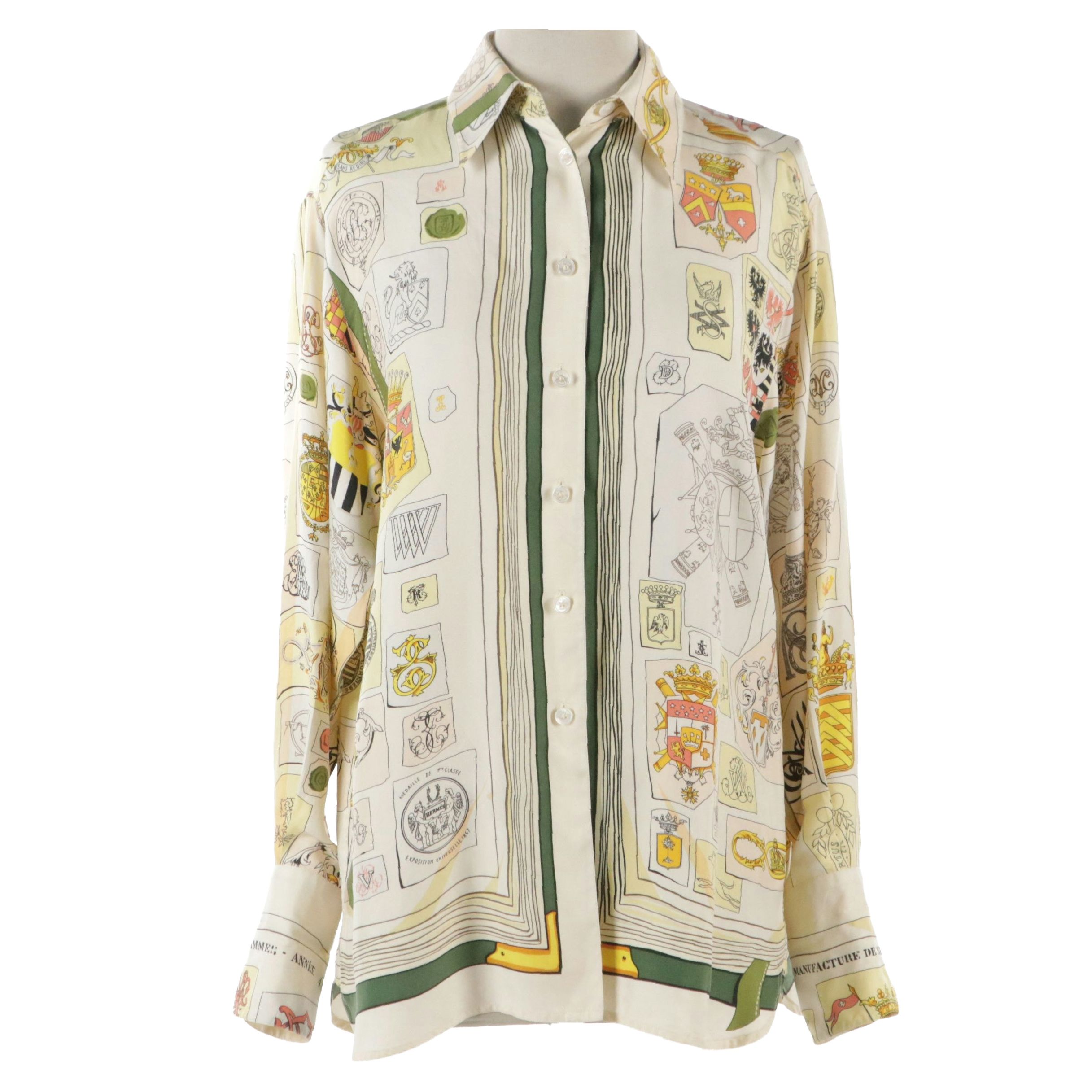 Hermès "Chiffres et Monogrammes" Long Sleeve Blouse in Silk Twill