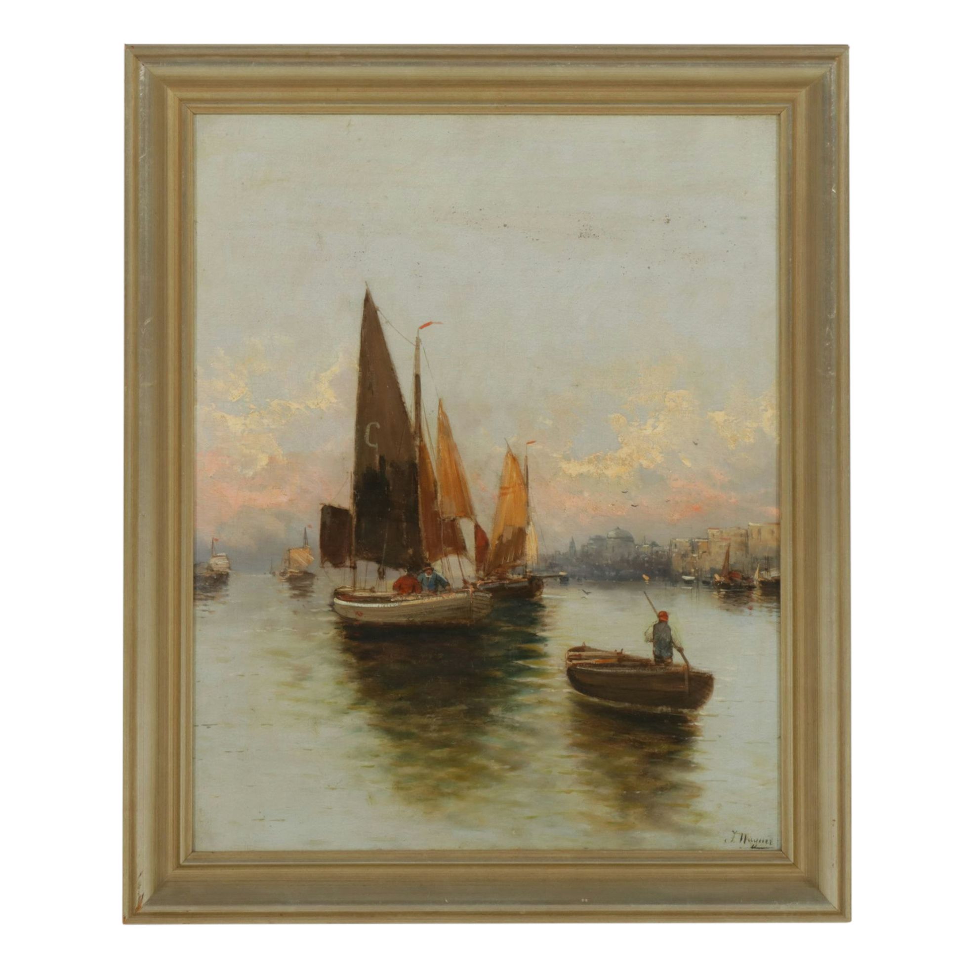 Continental European Harbor Scene Oil Painting, Late 19th Century