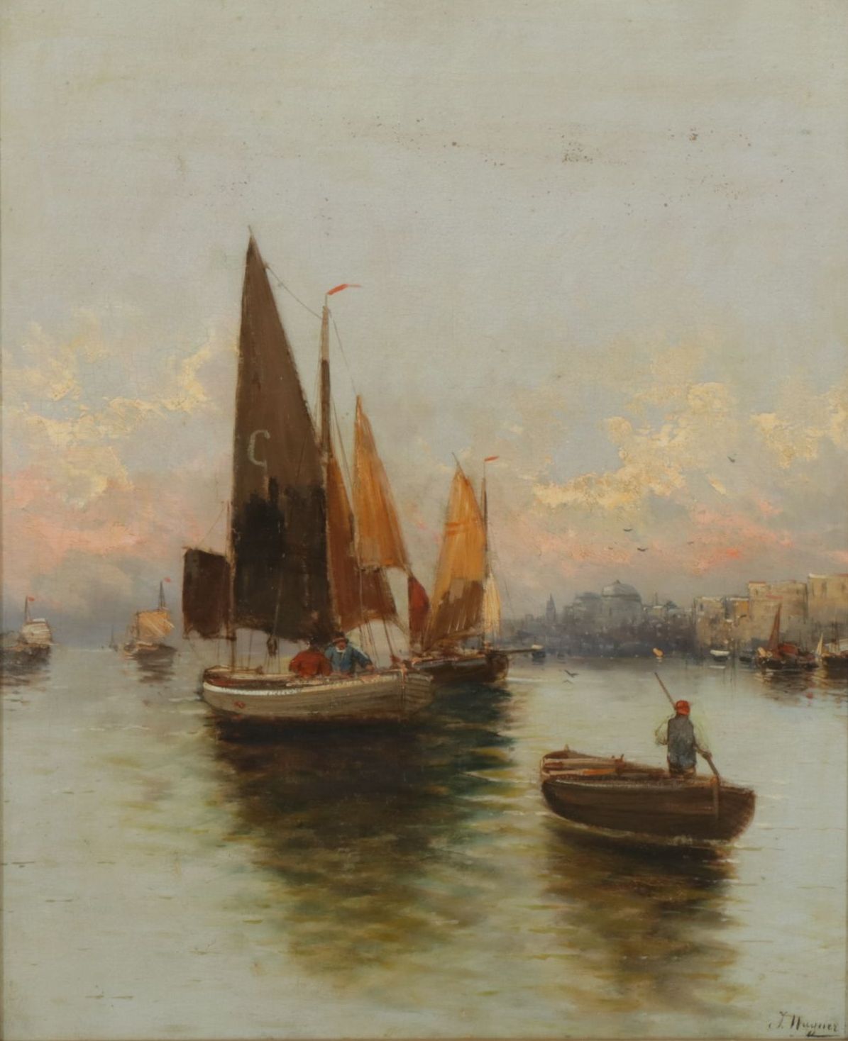 Continental European Harbor Scene Oil Painting, Late 19th Century