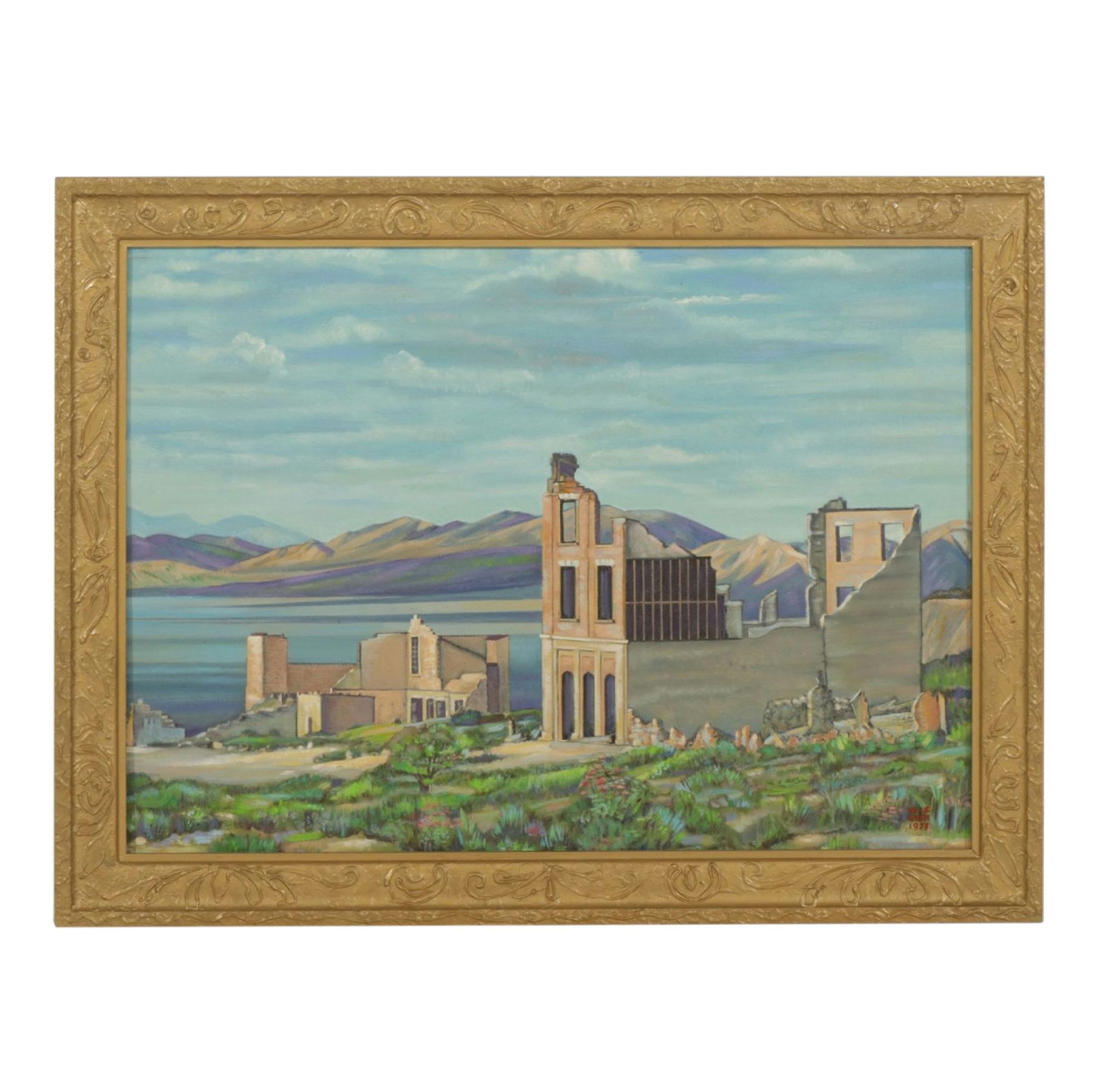 William S. Gisch Oil Painting "Ruins by Lake", 1975