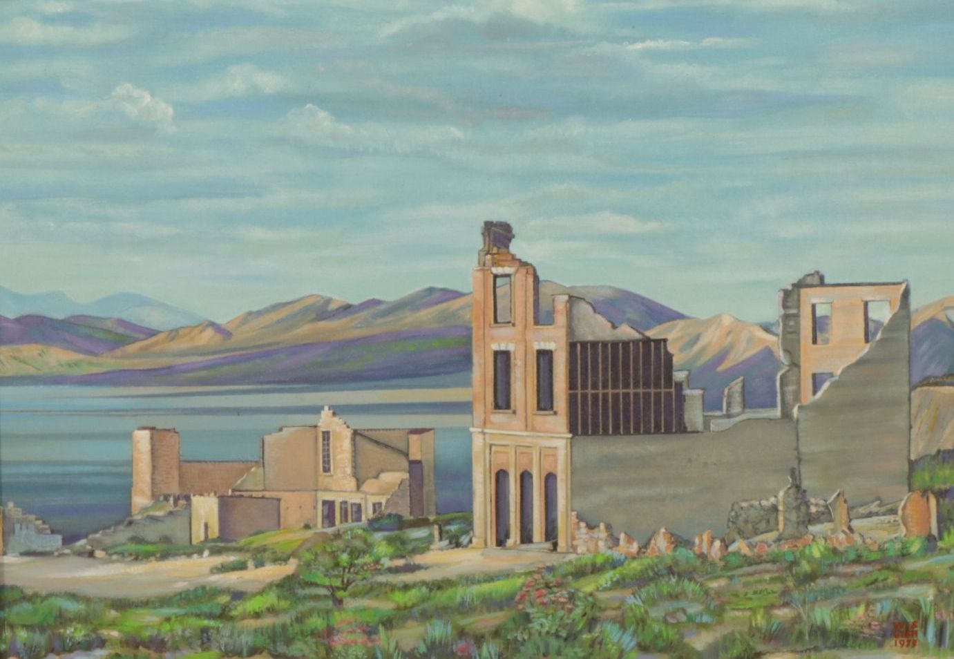 William S. Gisch Oil Painting "Ruins by Lake", 1975