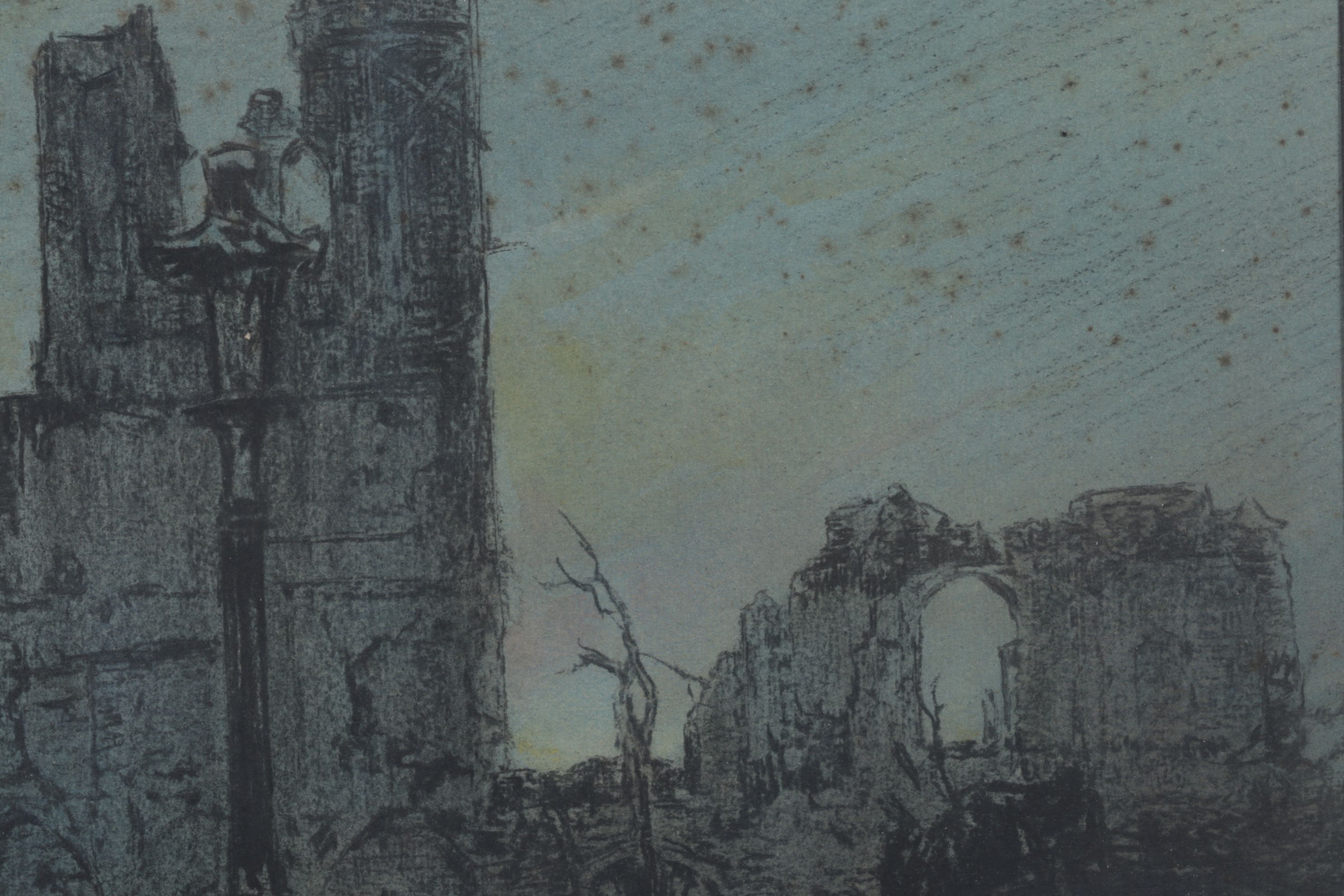 Edward Handley-Read Charcoal & Watercolor Painting "Ypres, Belgium - Cloth Hall"