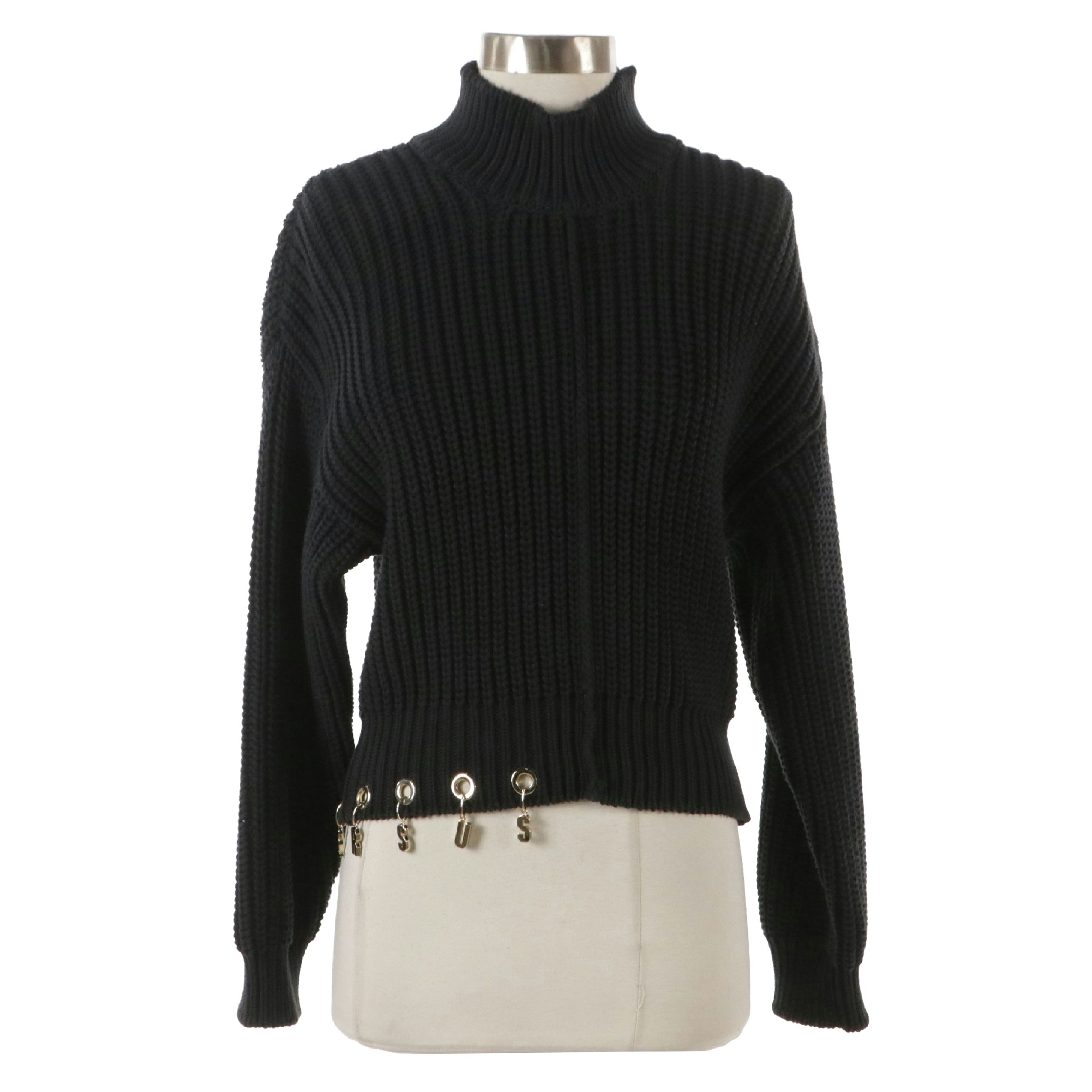 Versace Versus Cropped Charms Sweater in Black Cable Knit Viscose Blend