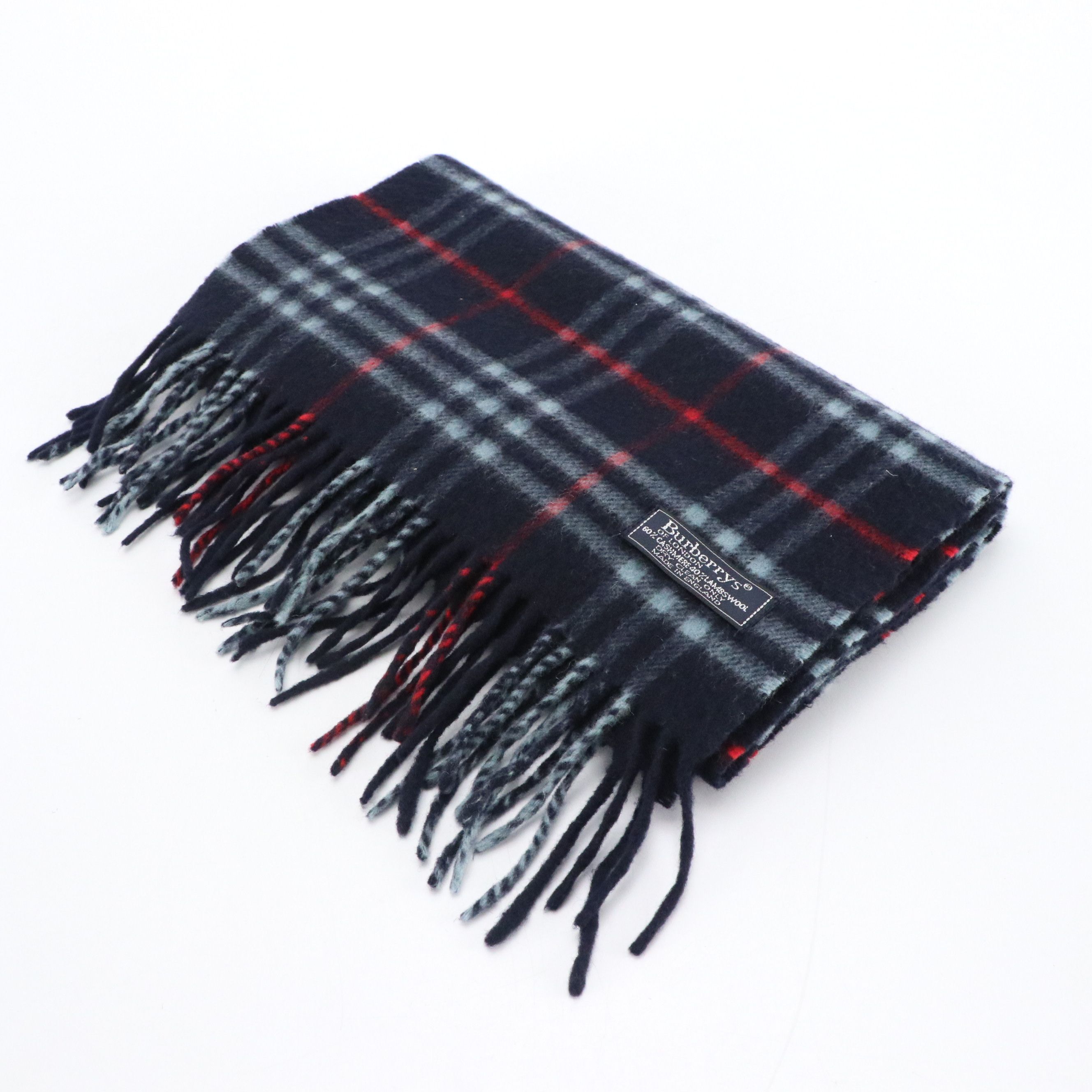Burberrys Navy Blue House Check Cashmere/Lambswool Fringe Scarf