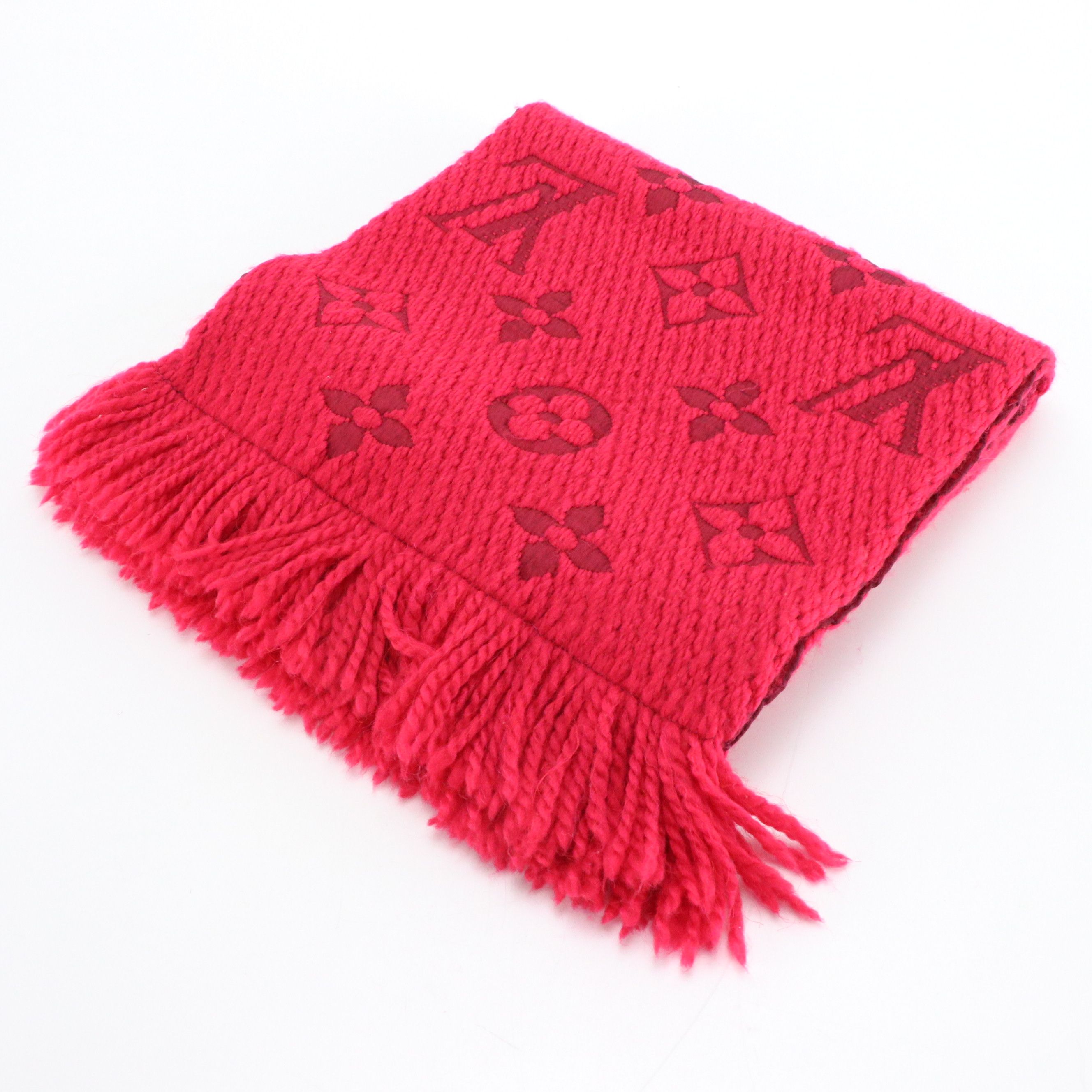 Louis Vuitton Logomania Fringe Scarf in Raspberry Pink Wool/Silk Jacquard
