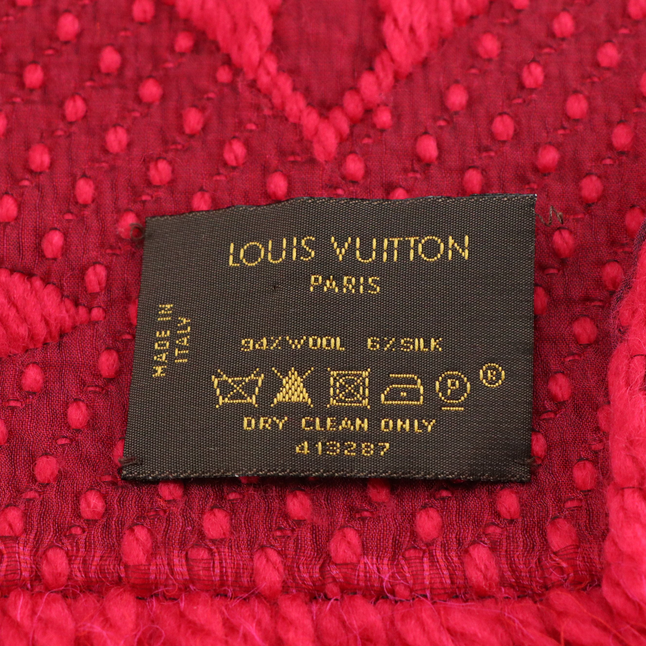 Louis Vuitton Logomania Fringe Scarf in Raspberry Pink Wool/Silk Jacquard